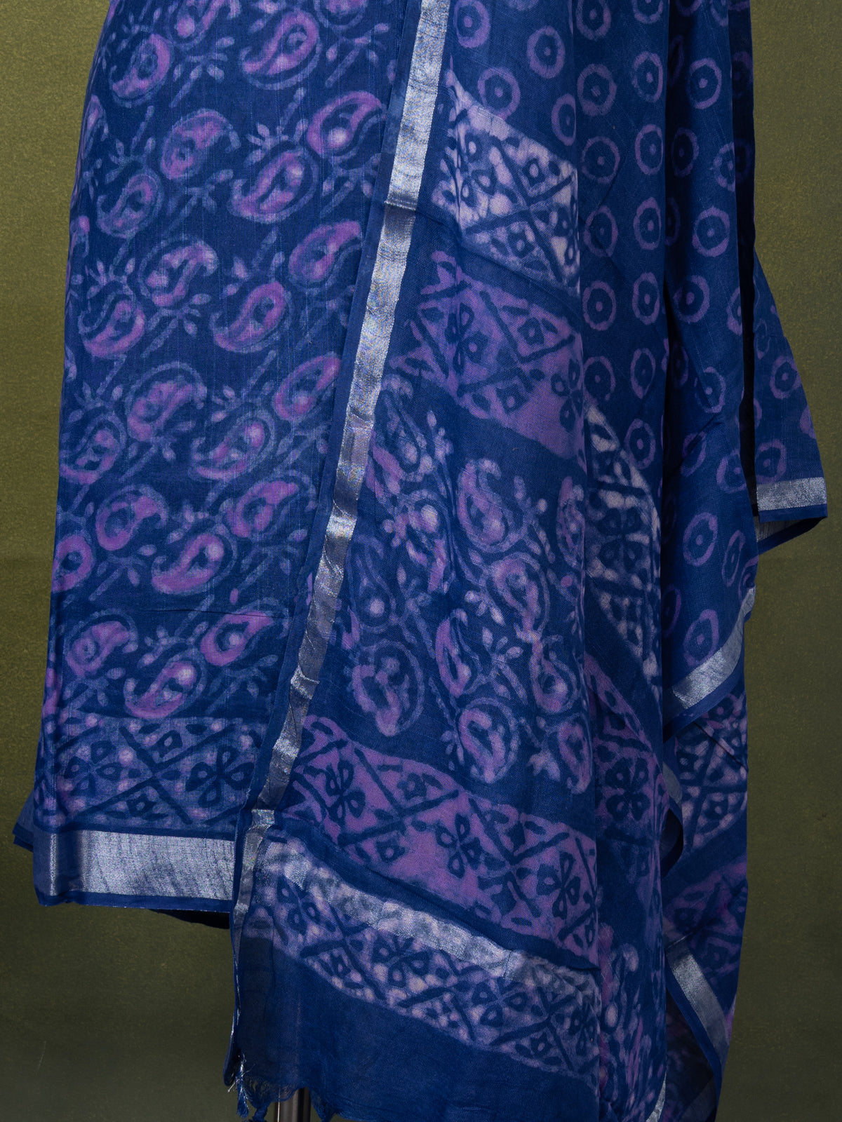 Linen cotton dress material blue with allover prints and bottom & dupatta