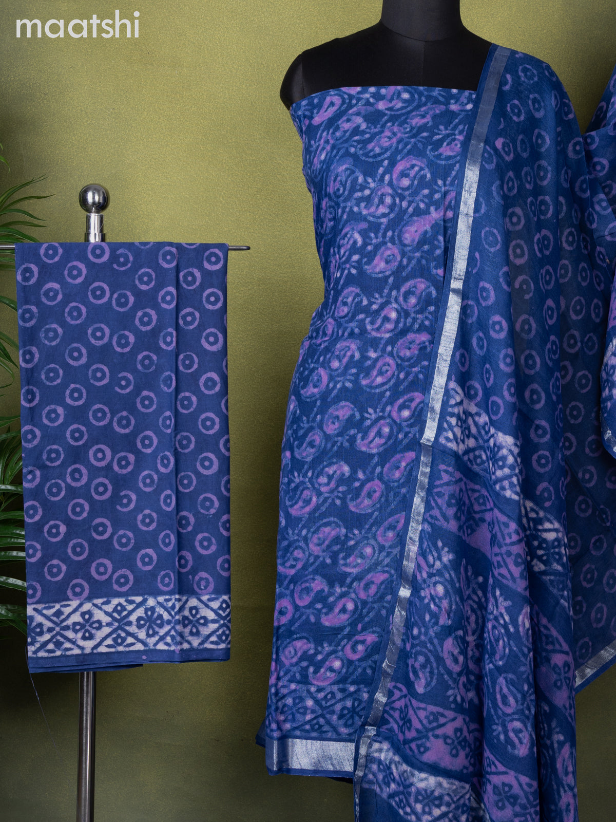 Linen cotton dress material blue with allover prints and bottom & dupatta