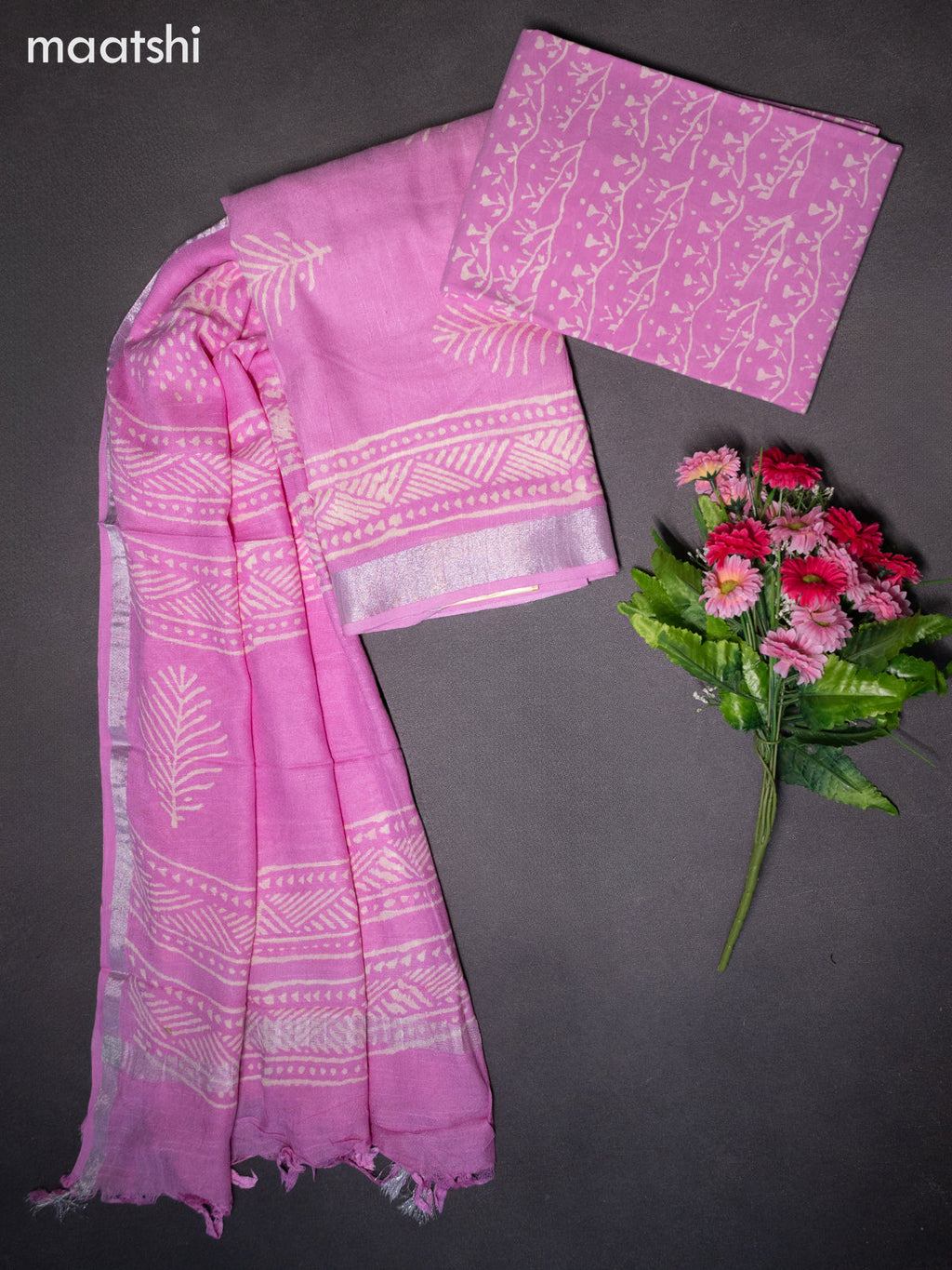 Linen cotton dress material baby pink with butta prints and bottom & dupatta
