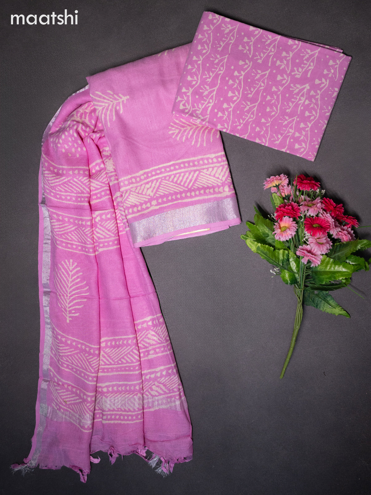 Linen cotton dress material baby pink with butta prints and bottom & dupatta