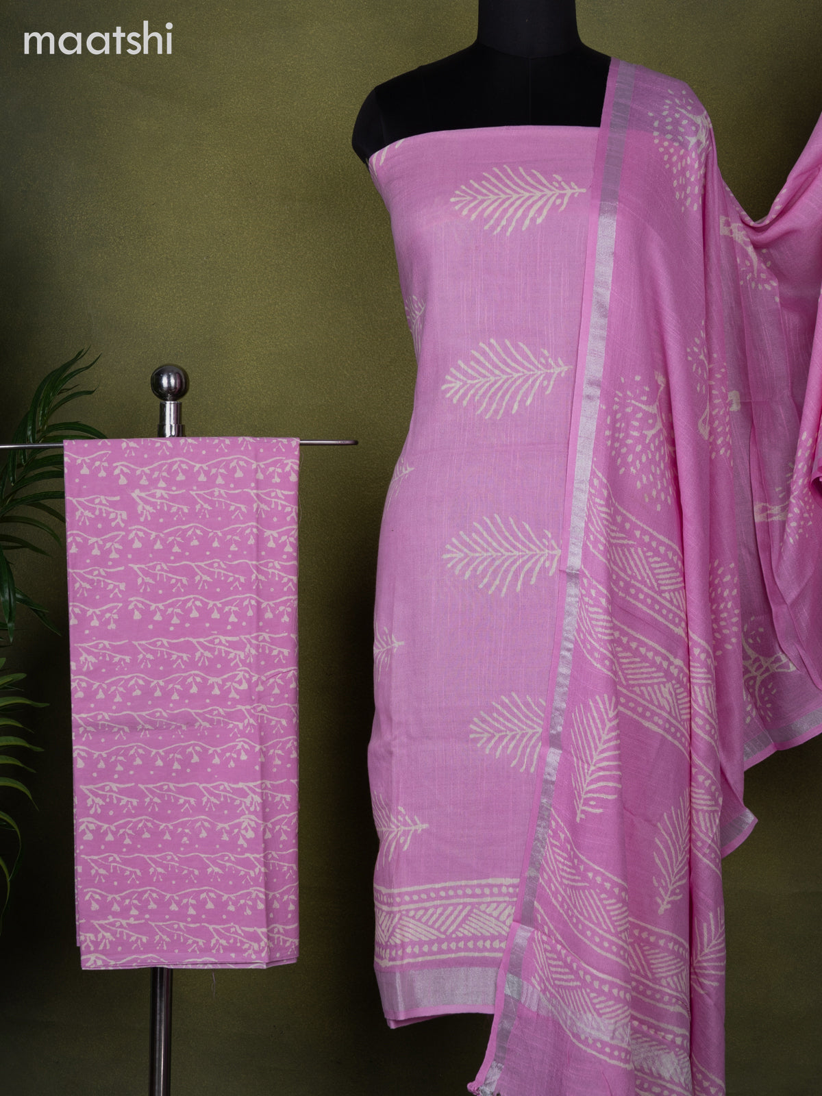 Linen cotton dress material baby pink with butta prints and bottom & dupatta