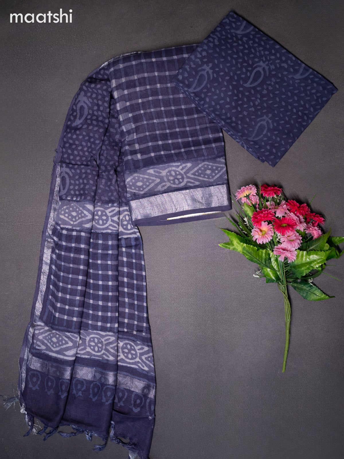 Linen cotton dress material blue shade with allover checked pattern and bottom & dupatta