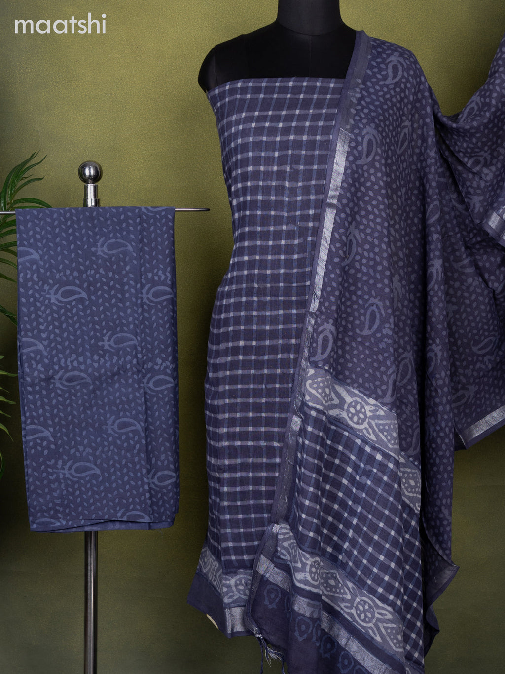 Linen cotton dress material blue shade with allover checked pattern and bottom & dupatta