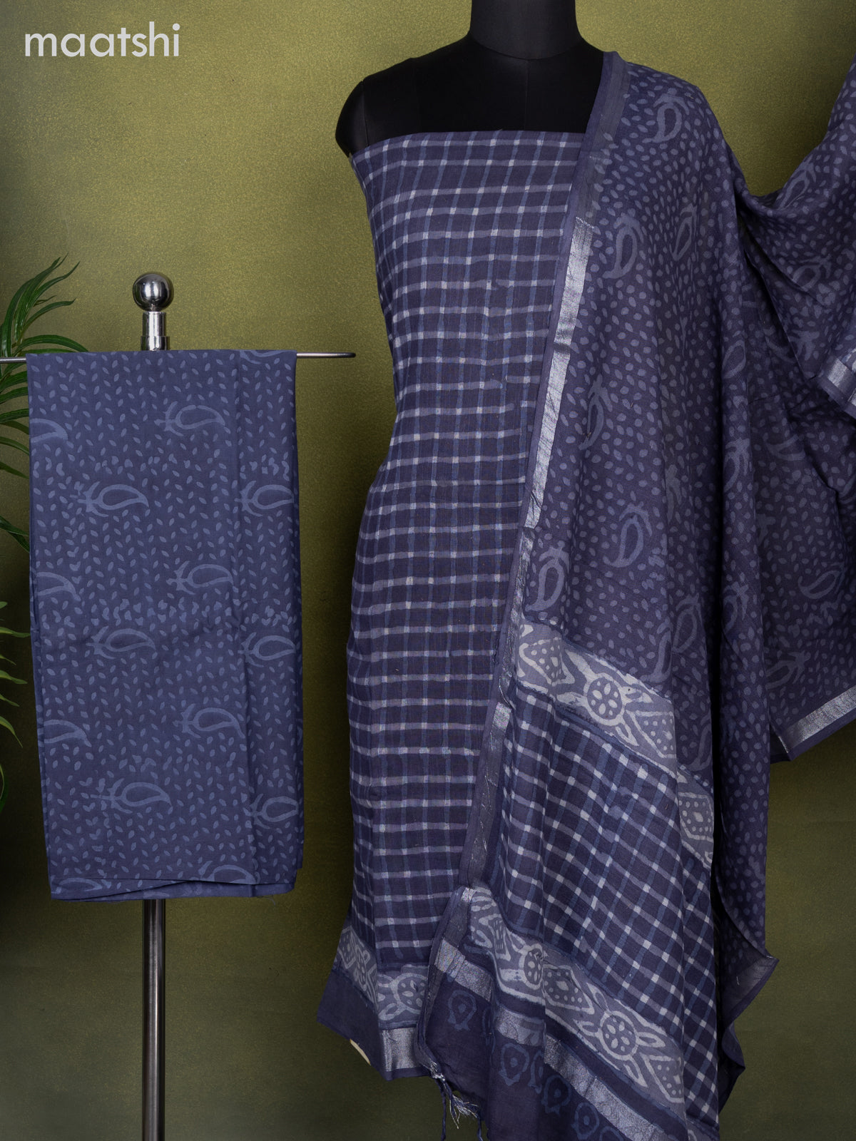 Linen cotton dress material blue shade with allover checked pattern and bottom & dupatta