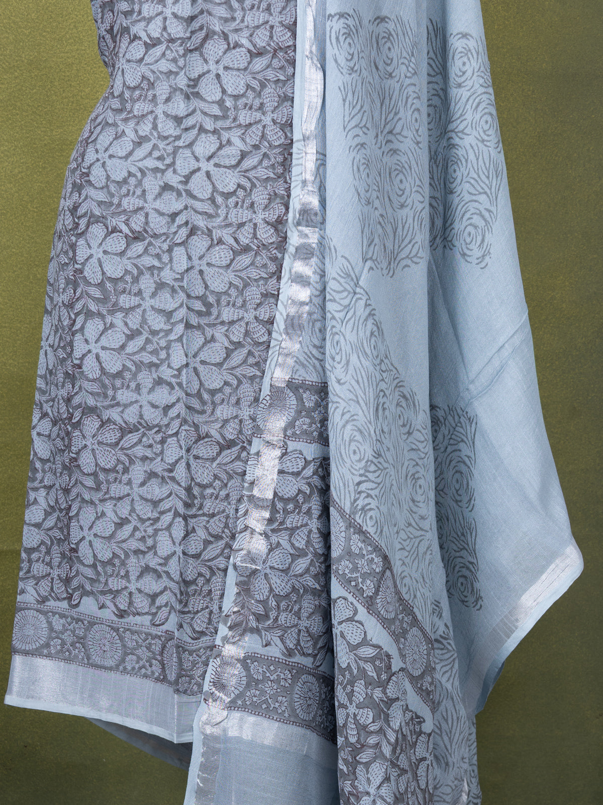 Linen cotton dress material grey with allover floral prints and bottom & dupatta