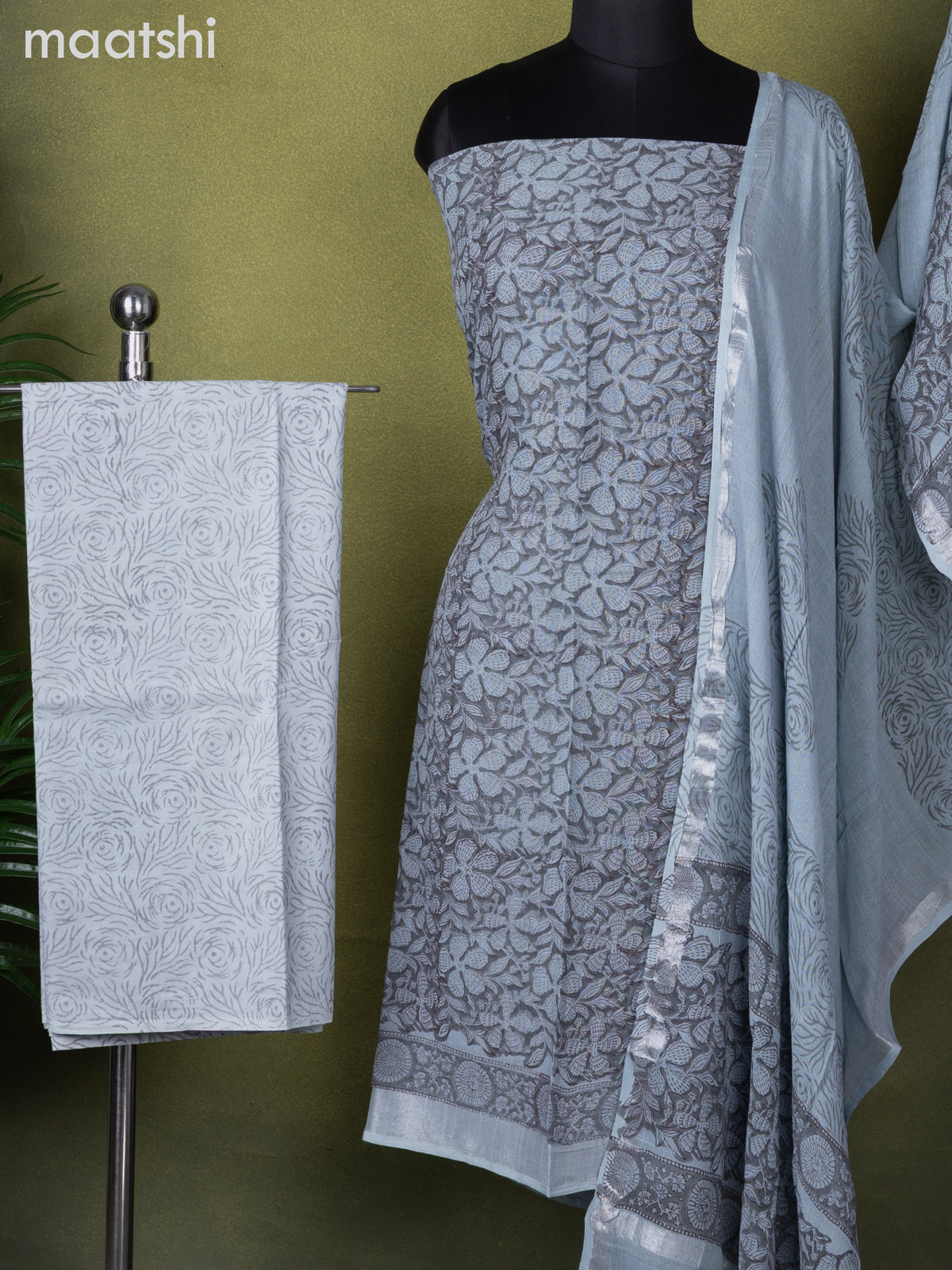 Linen cotton dress material grey with allover floral prints and bottom & dupatta