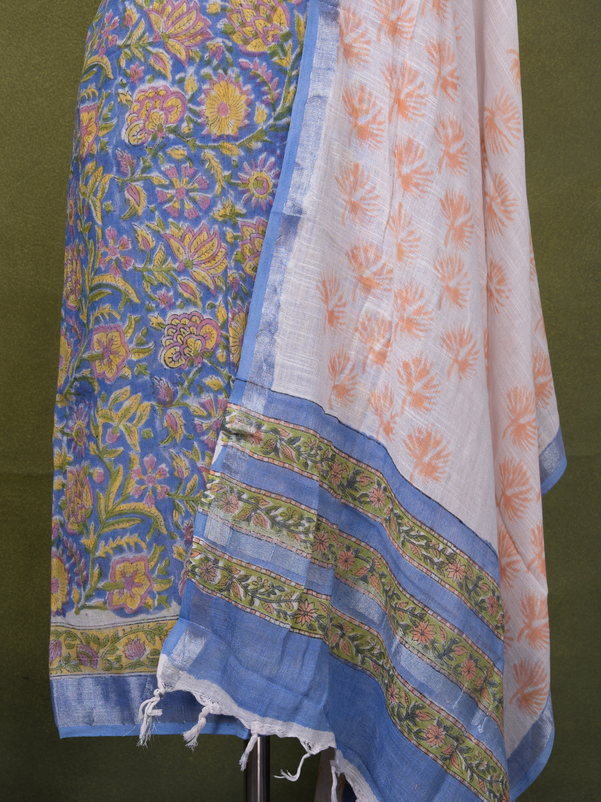 Linen cotton dress material blue shade and off white with allover prints and bottom & dupatta