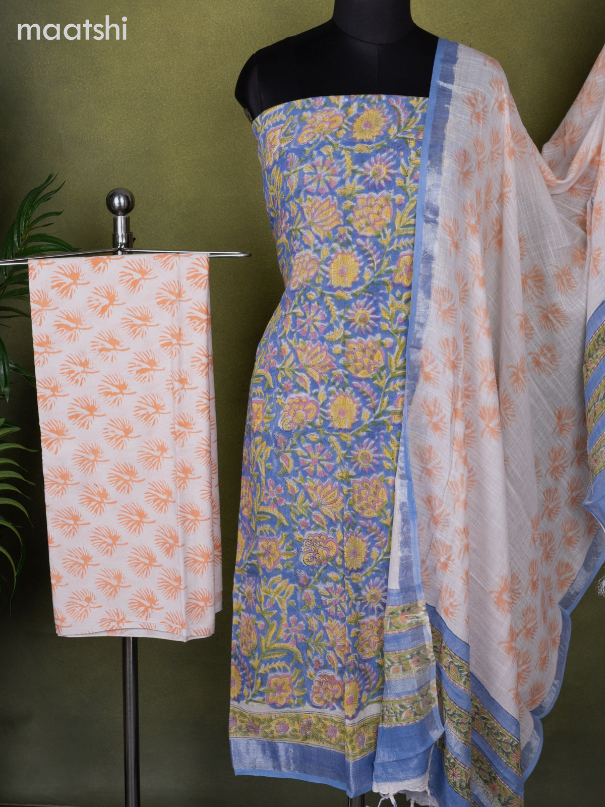 Linen cotton dress material blue shade and off white with allover prints and bottom & dupatta