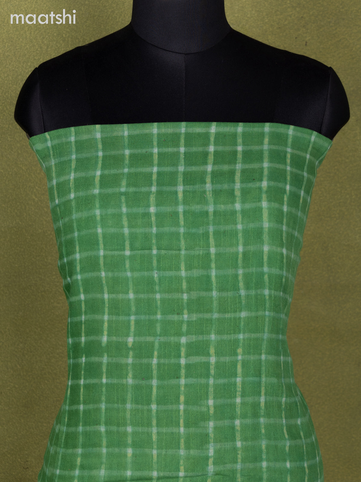 Linen cotton dress material green with allover checked pattern and bottom & dupatta