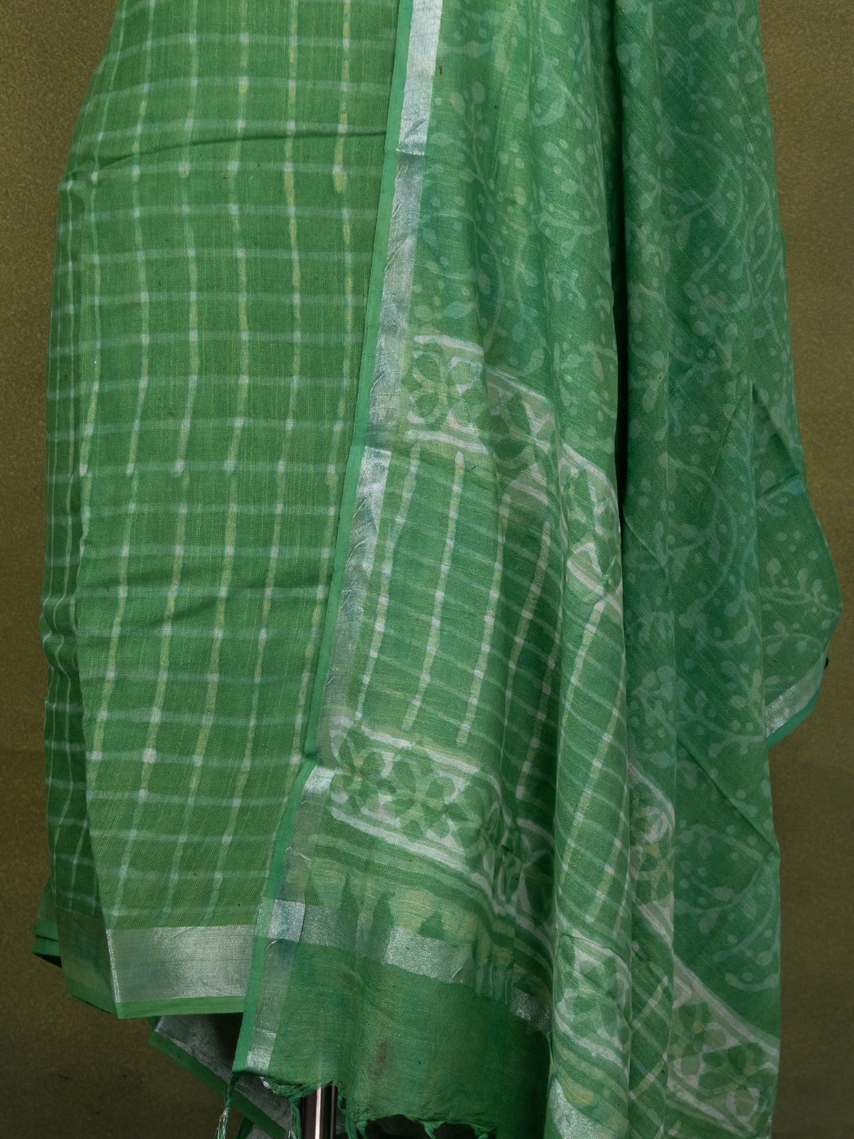 Linen cotton dress material green with allover checked pattern and bottom & dupatta