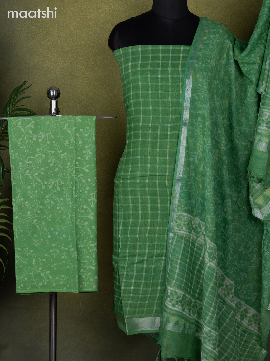 Linen cotton dress material green with allover checked pattern and bottom & dupatta