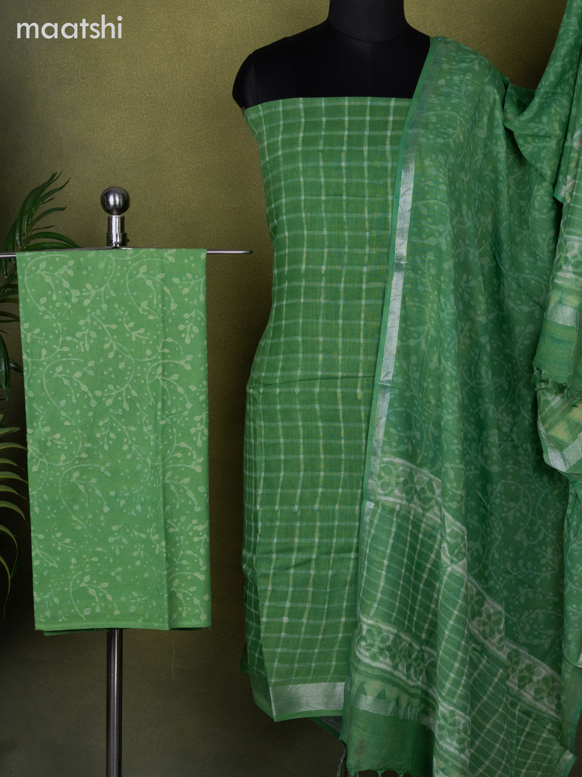 Linen cotton dress material green with allover checked pattern and bottom & dupatta