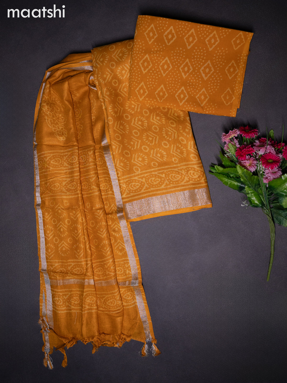 Linen cotton dress material mustard yellow with allover prints and bottom & dupatta