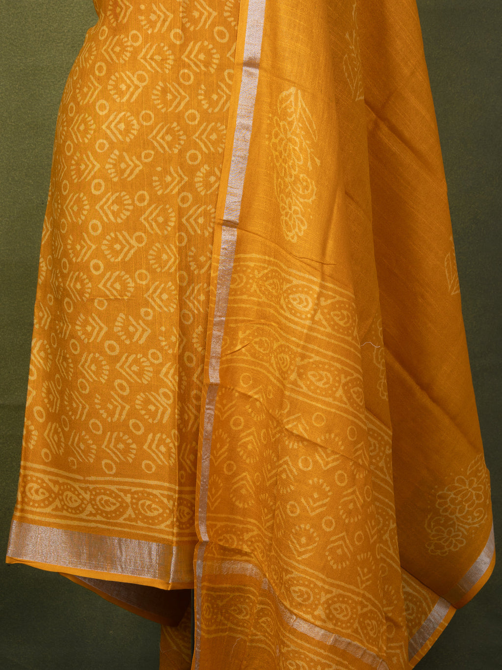 Linen cotton dress material mustard yellow with allover prints and bottom & dupatta