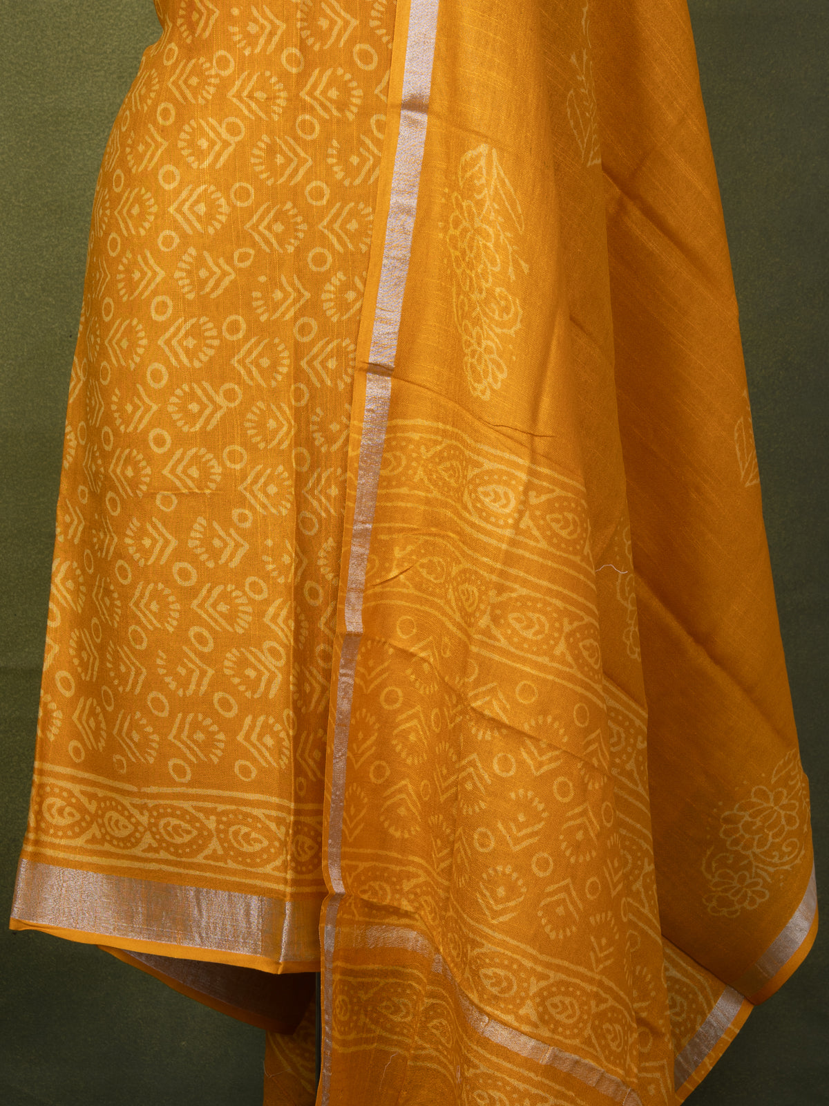 Linen cotton dress material mustard yellow with allover prints and bottom & dupatta