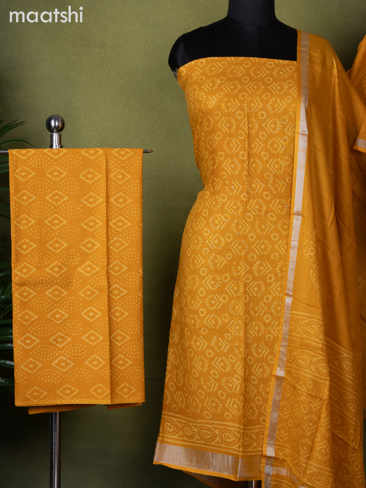 Linen cotton dress material mustard yellow with allover prints and bottom & dupatta