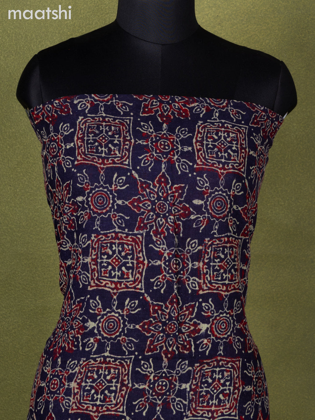 Linen cotton dress material navy blue with allover ajrakh prints and bottom & dupatta