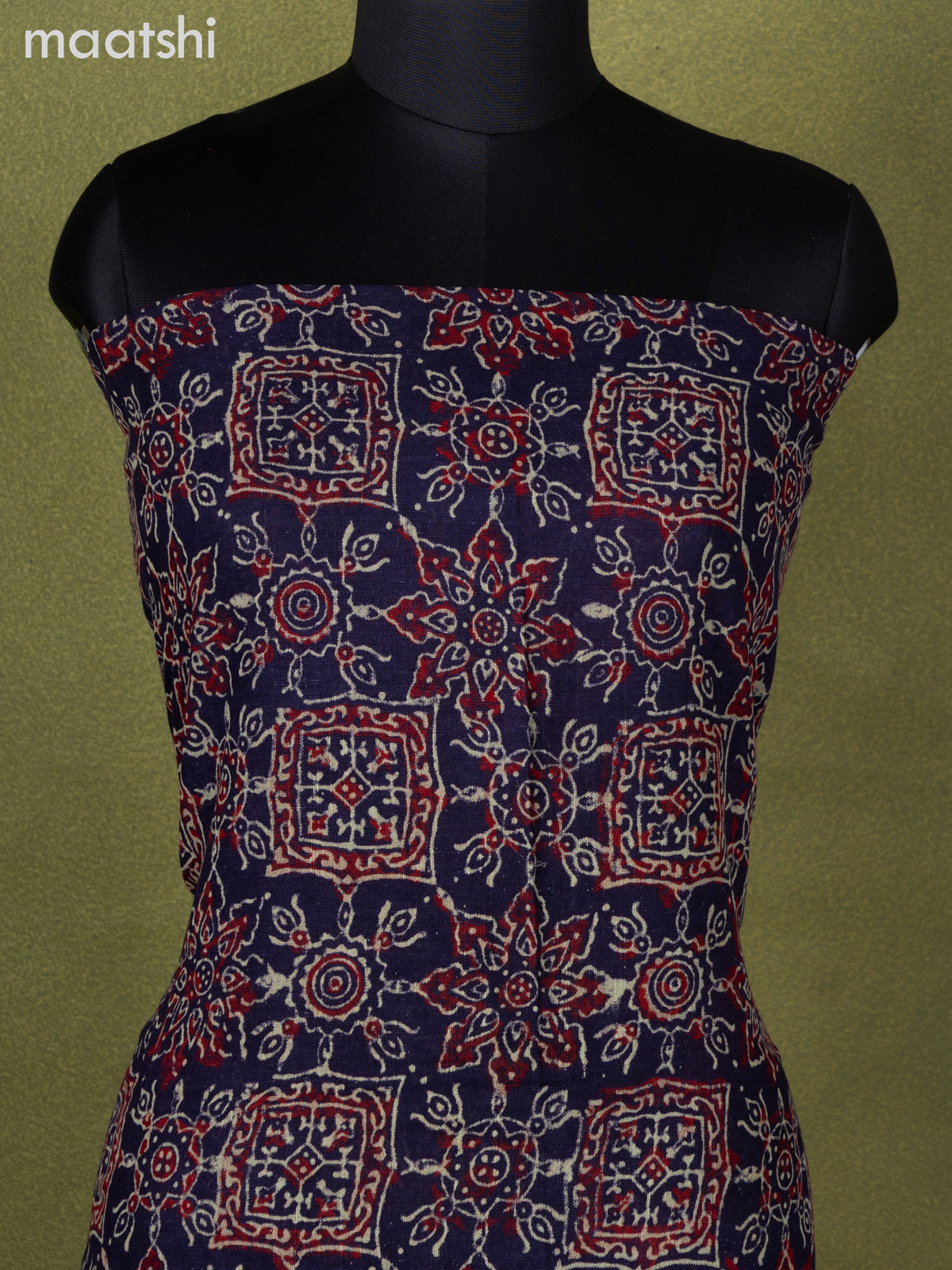 Linen cotton dress material navy blue with allover ajrakh prints and bottom & dupatta