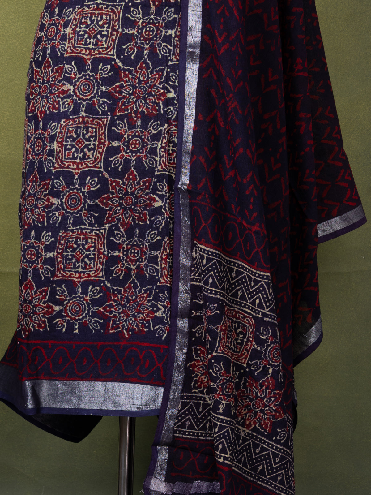 Linen cotton dress material navy blue with allover ajrakh prints and bottom & dupatta