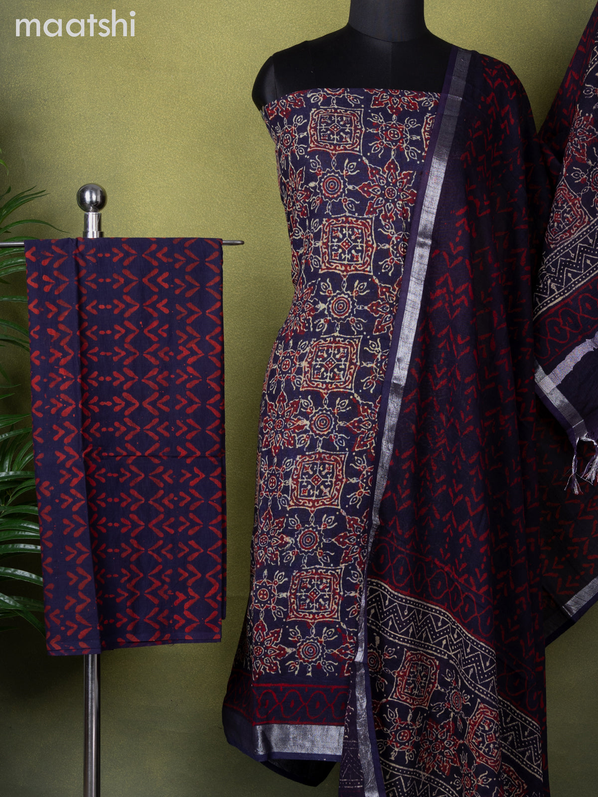 Linen cotton dress material navy blue with allover ajrakh prints and bottom & dupatta
