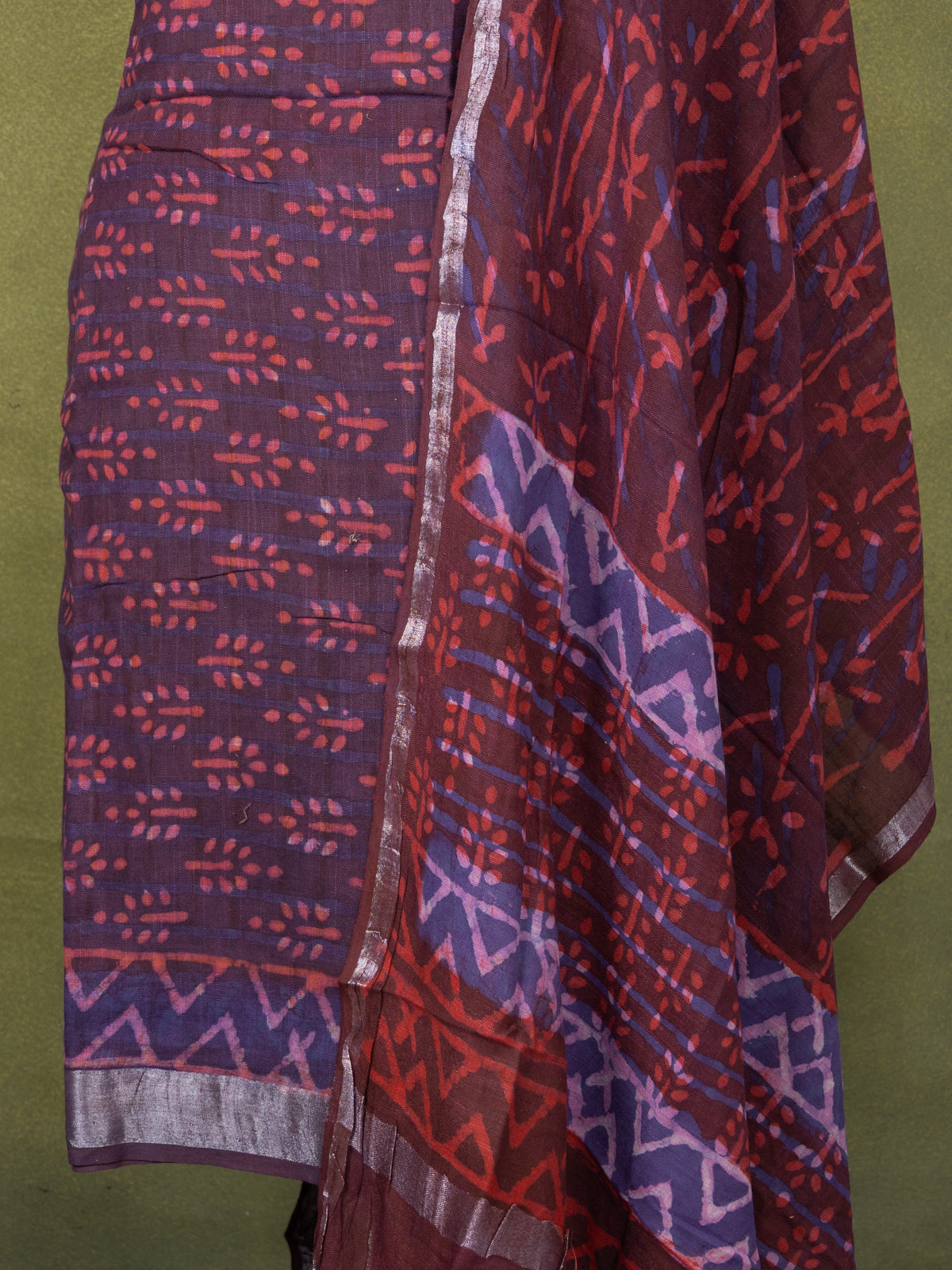 Linen cotton dress material purple shade and red shade with allover butta prints and bottom & dupatta