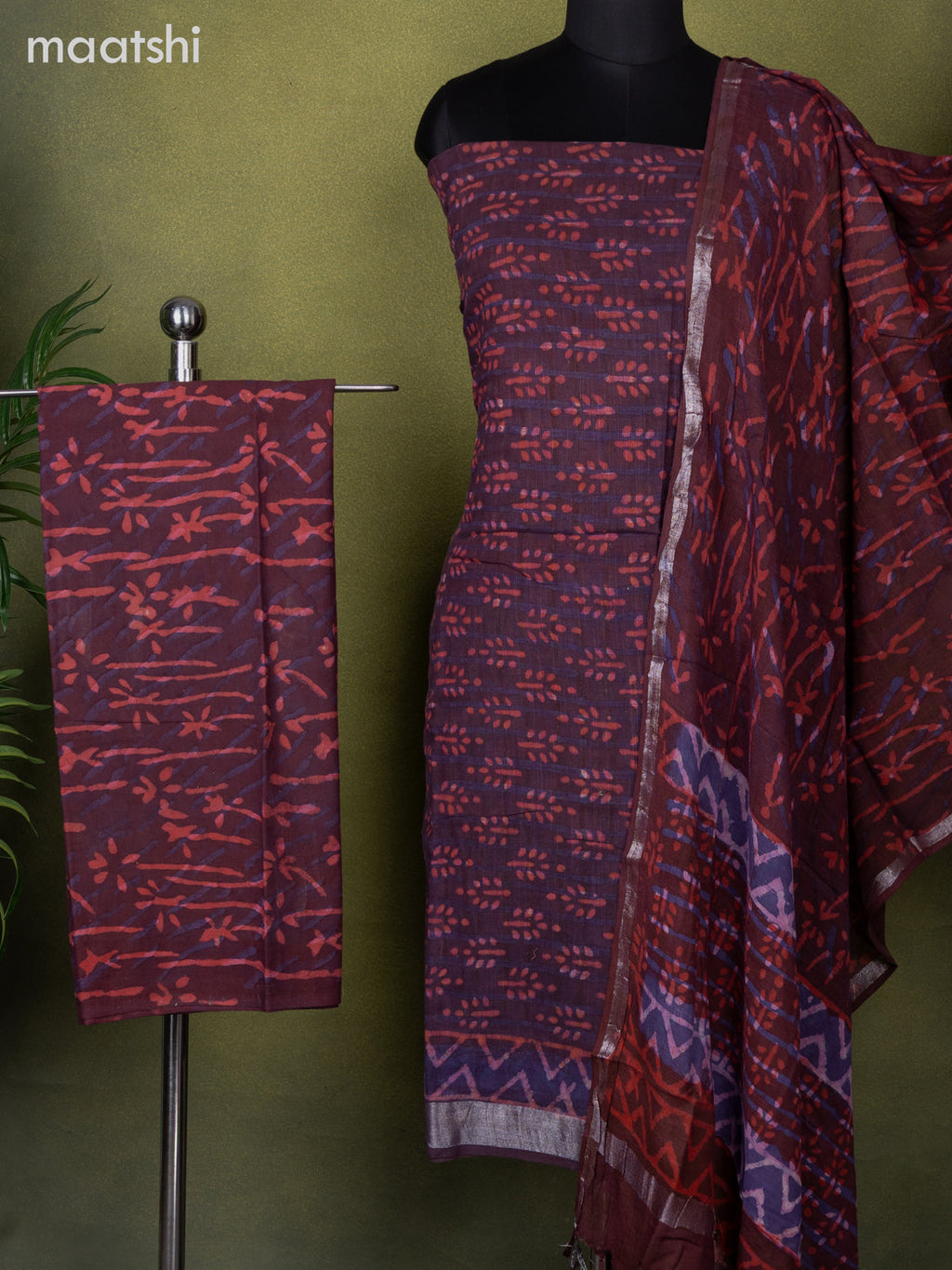 Linen cotton dress material purple shade and red shade with allover butta prints and bottom & dupatta