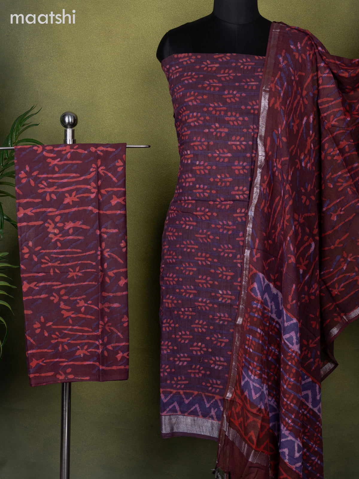 Linen cotton dress material purple shade and red shade with allover butta prints and bottom & dupatta