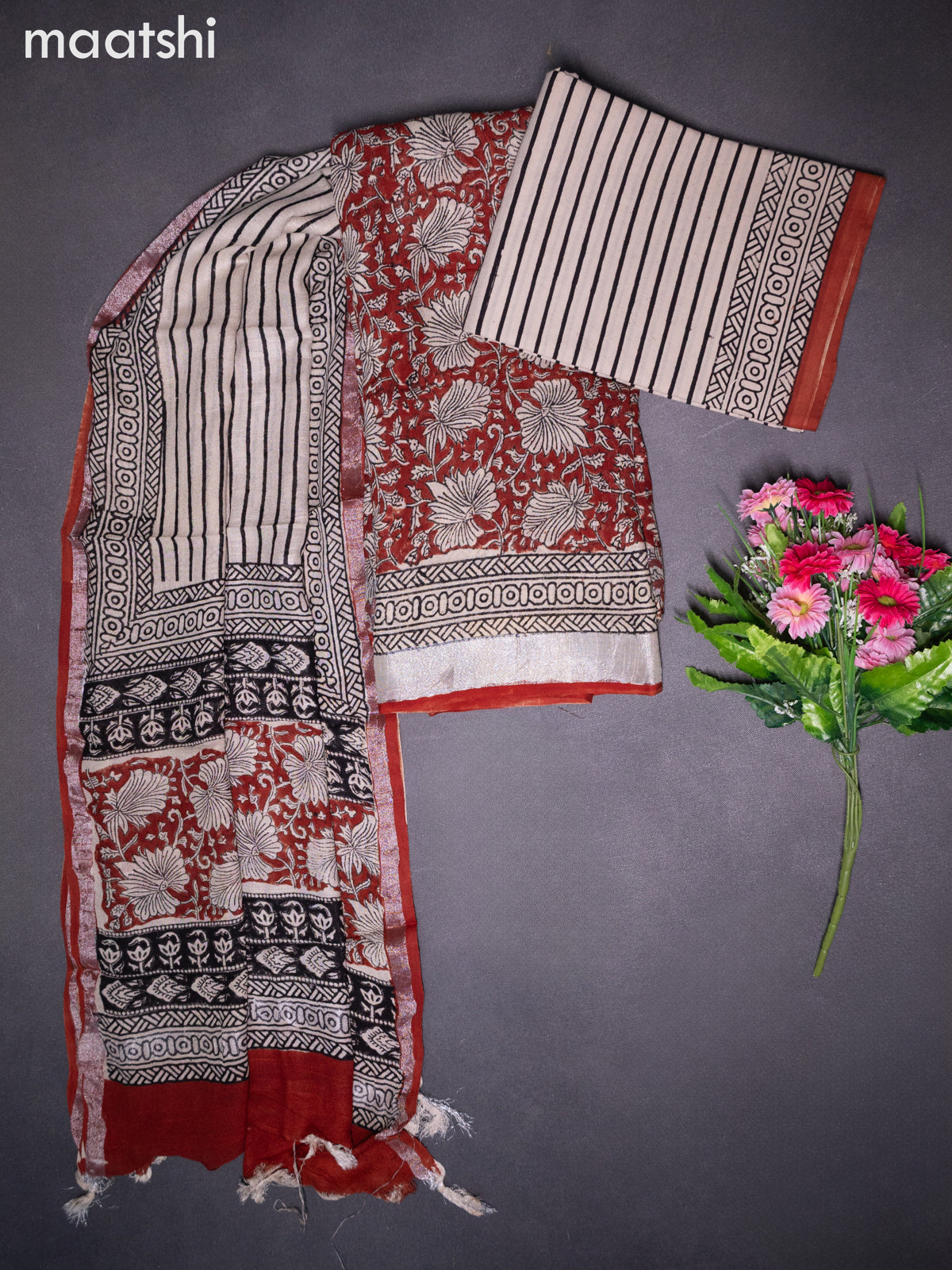 Linen cotton dress material rust shade and beige with allover floral prints and bottom & dupatta