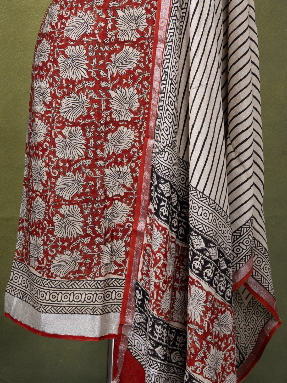 Linen cotton dress material rust shade and beige with allover floral prints and bottom & dupatta