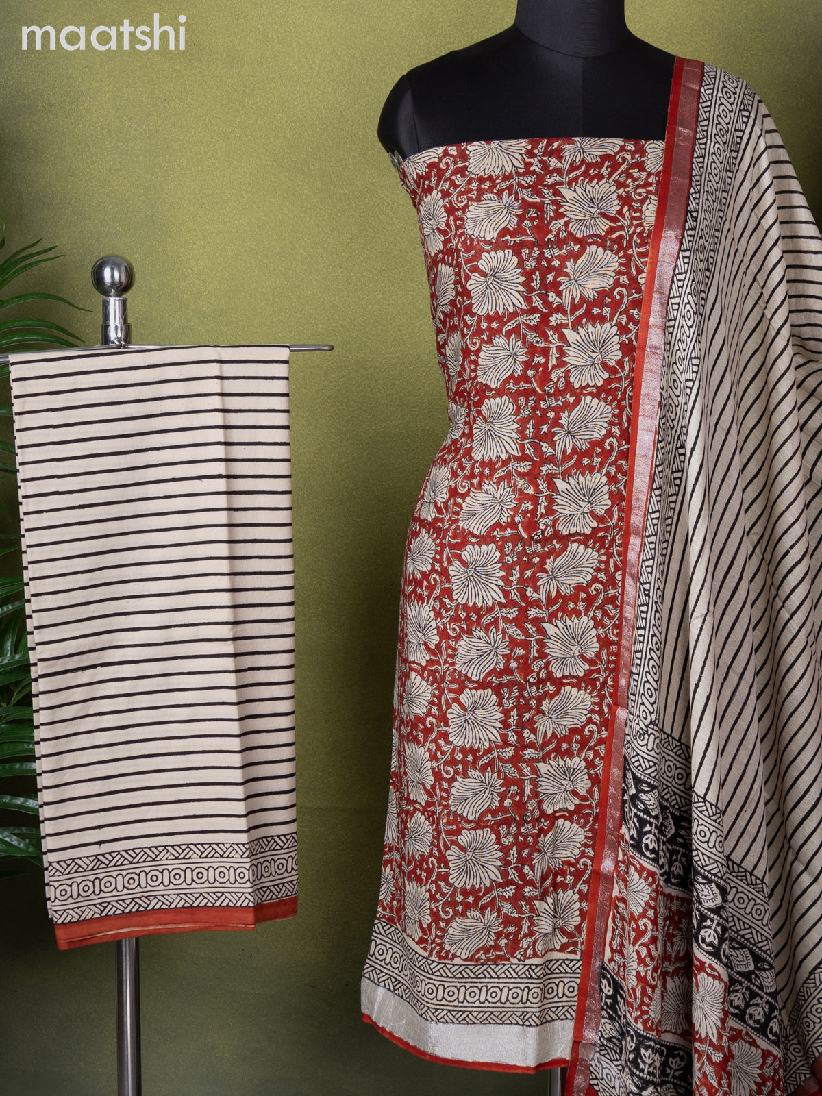 Linen cotton dress material rust shade and beige with allover floral prints and bottom & dupatta