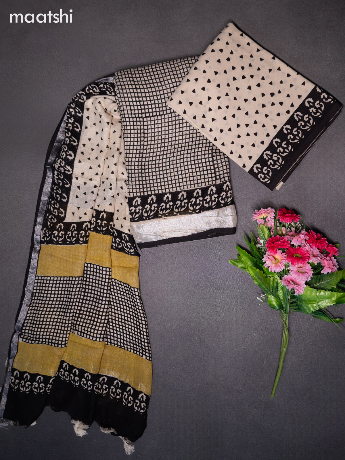 Linen cotton dress material beige and black with allover small checked pattern and bottom & dupatta