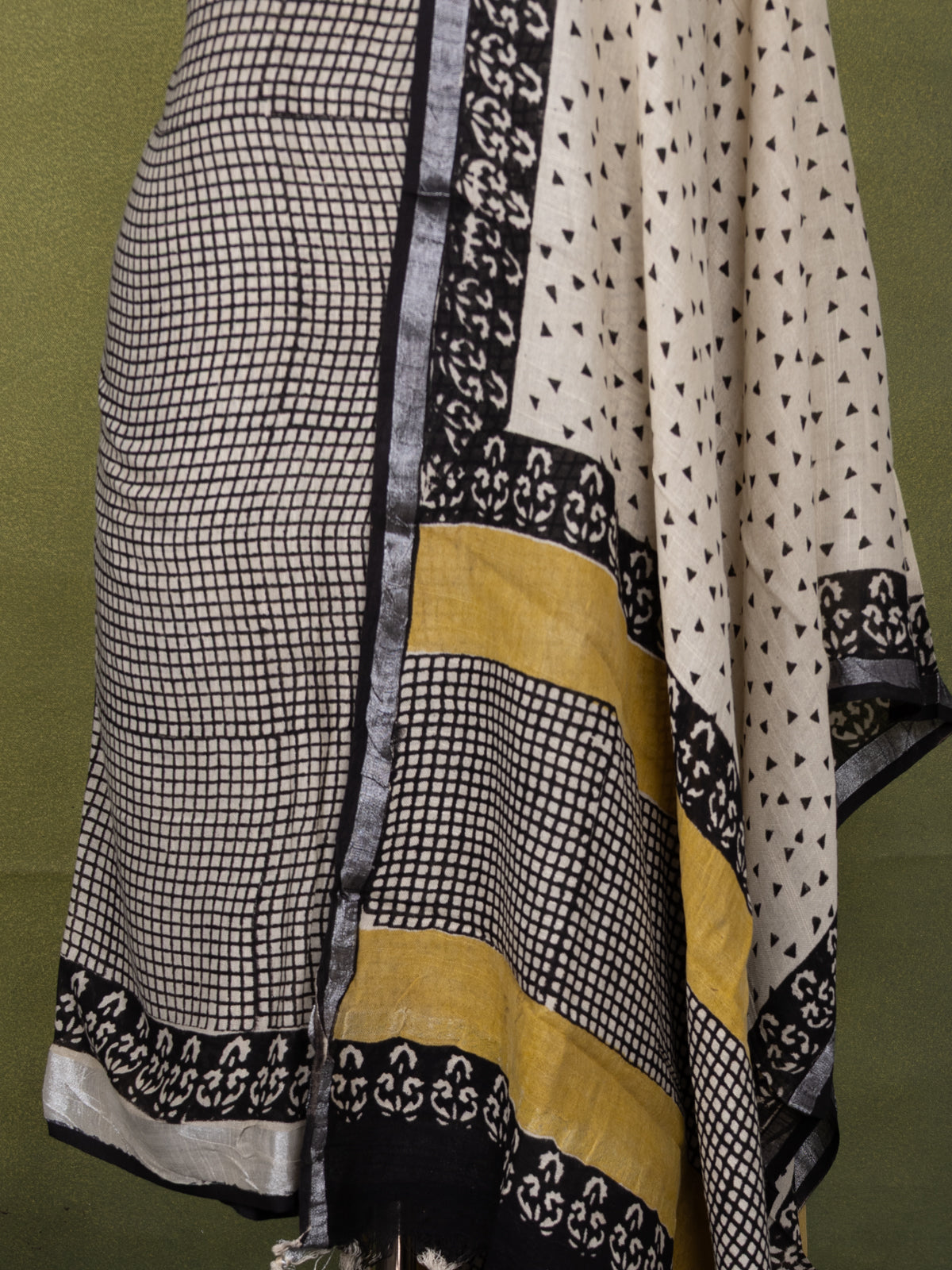 Linen cotton dress material beige and black with allover small checked pattern and bottom & dupatta