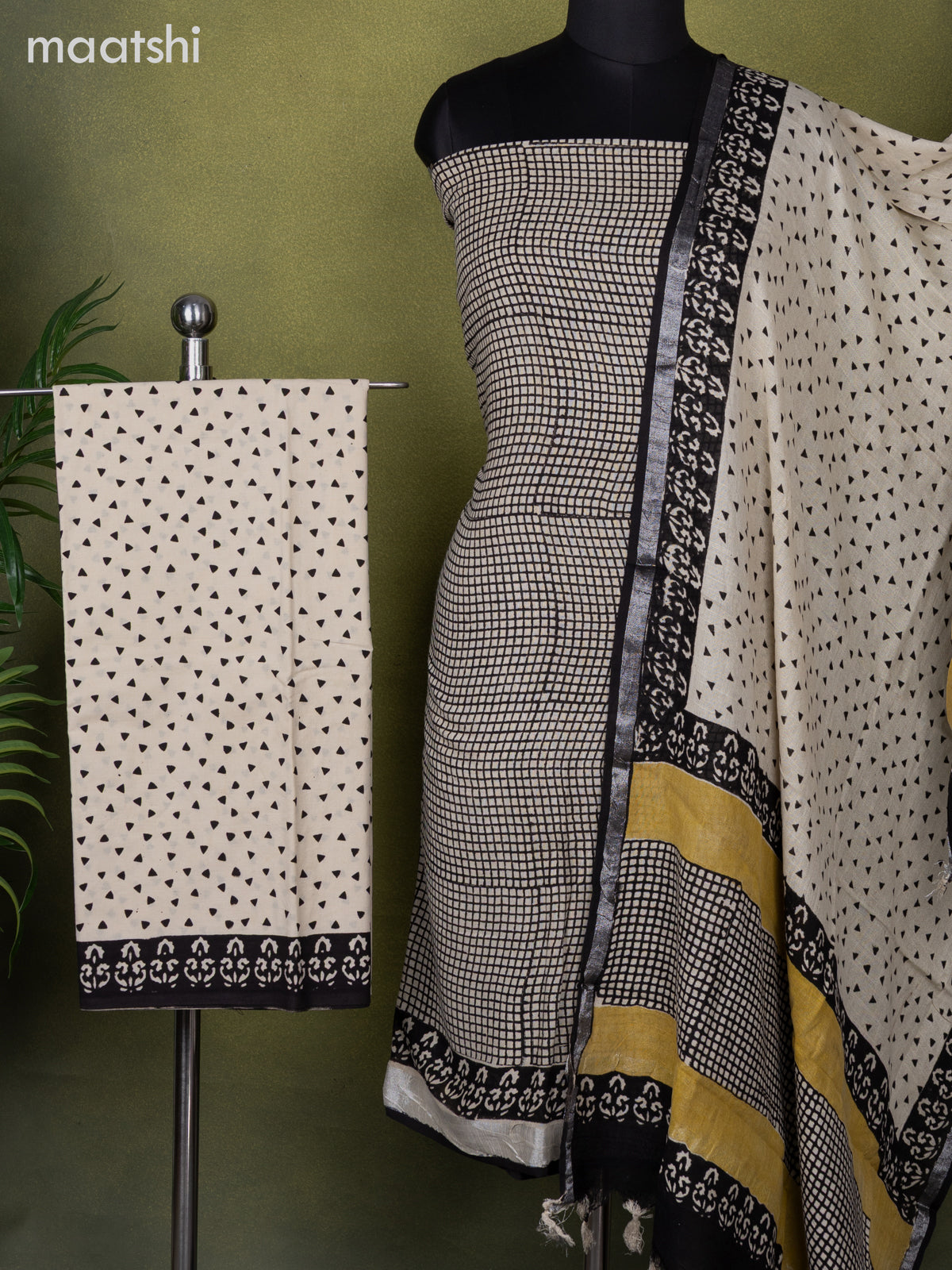 Linen cotton dress material beige and black with allover small checked pattern and bottom & dupatta