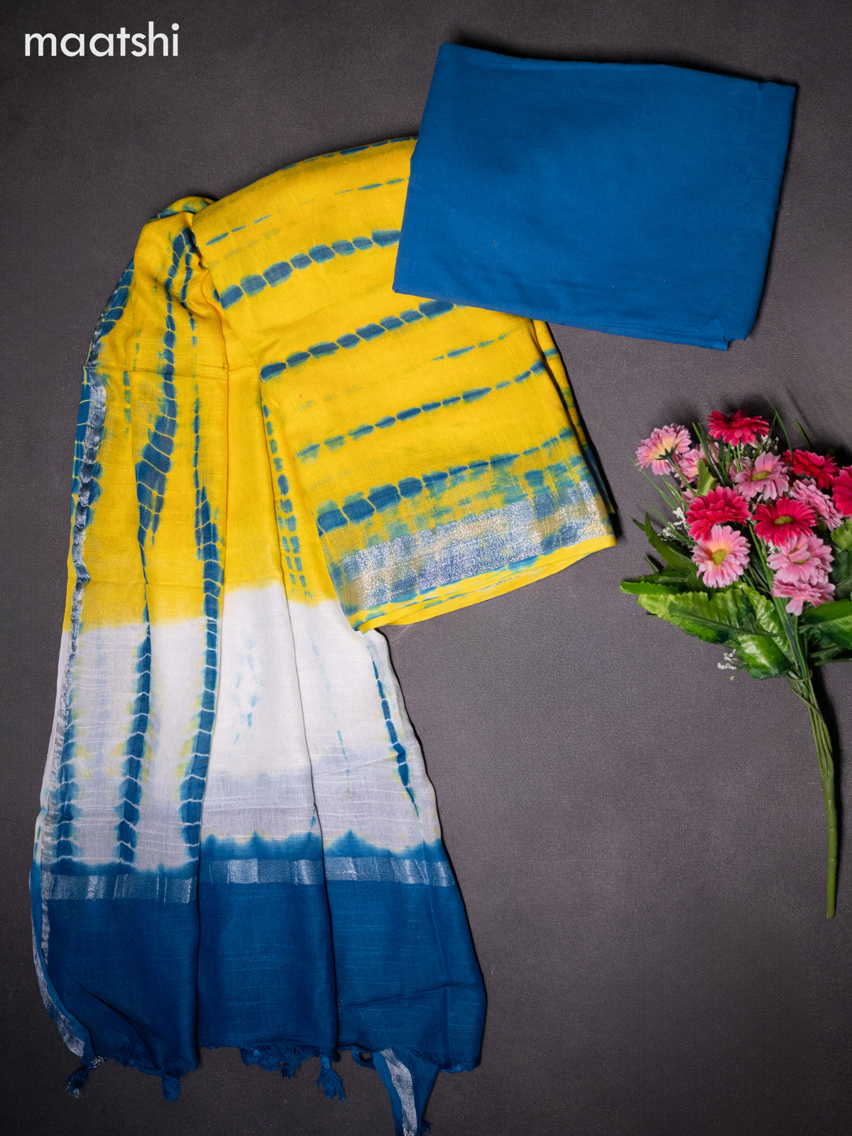 Linen cotton dress material yellow and cs blue with allover tie & dye prints and bottom & dupatta