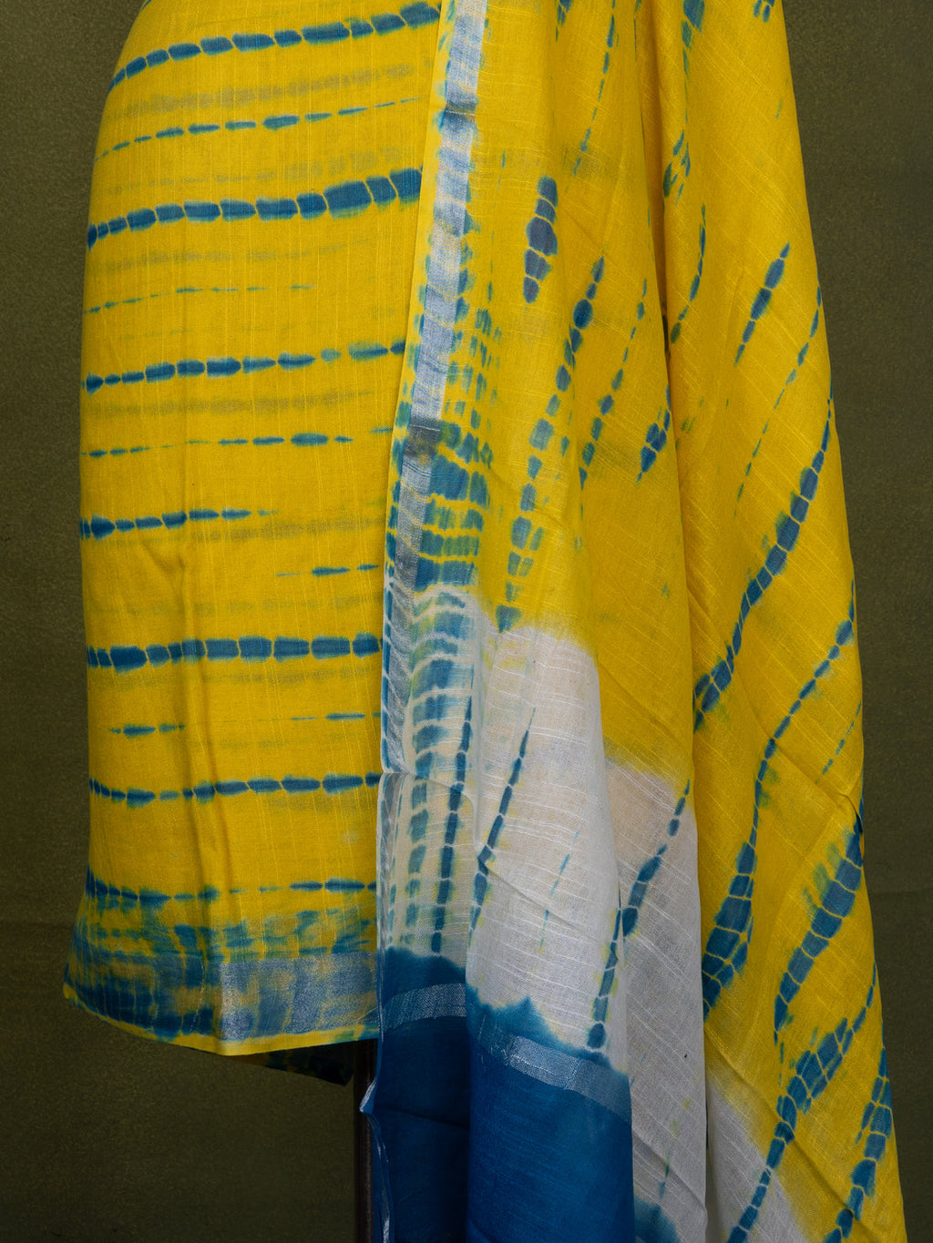 Linen cotton dress material yellow and cs blue with allover tie & dye prints and bottom & dupatta