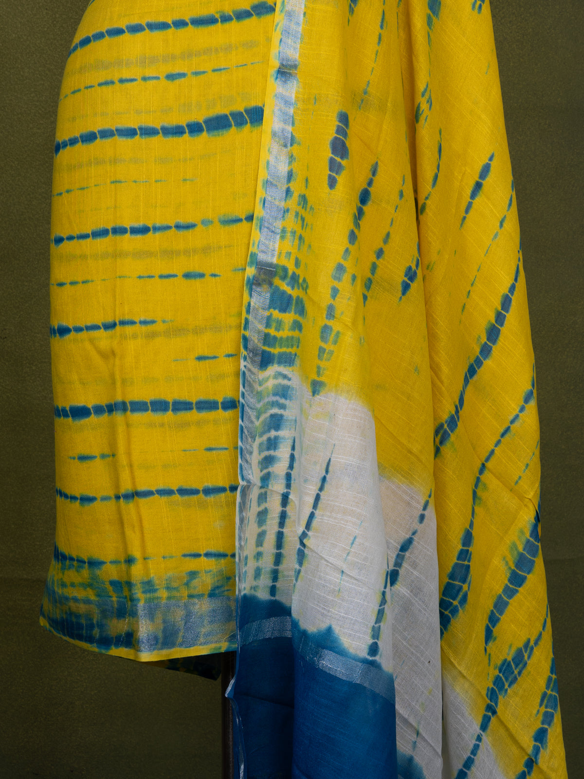 Linen cotton dress material yellow and cs blue with allover tie & dye prints and bottom & dupatta