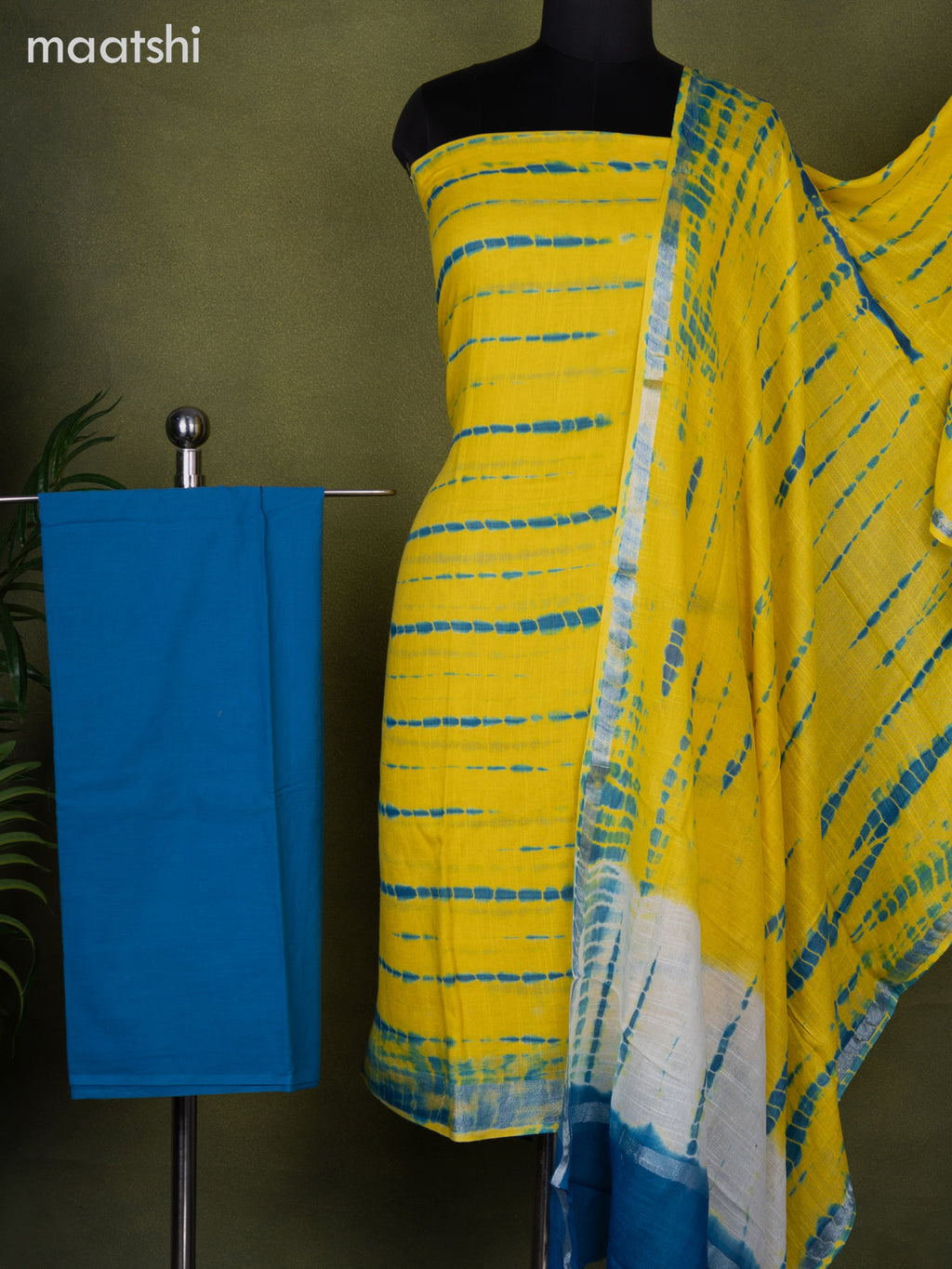 Linen cotton dress material yellow and cs blue with allover tie & dye prints and bottom & dupatta