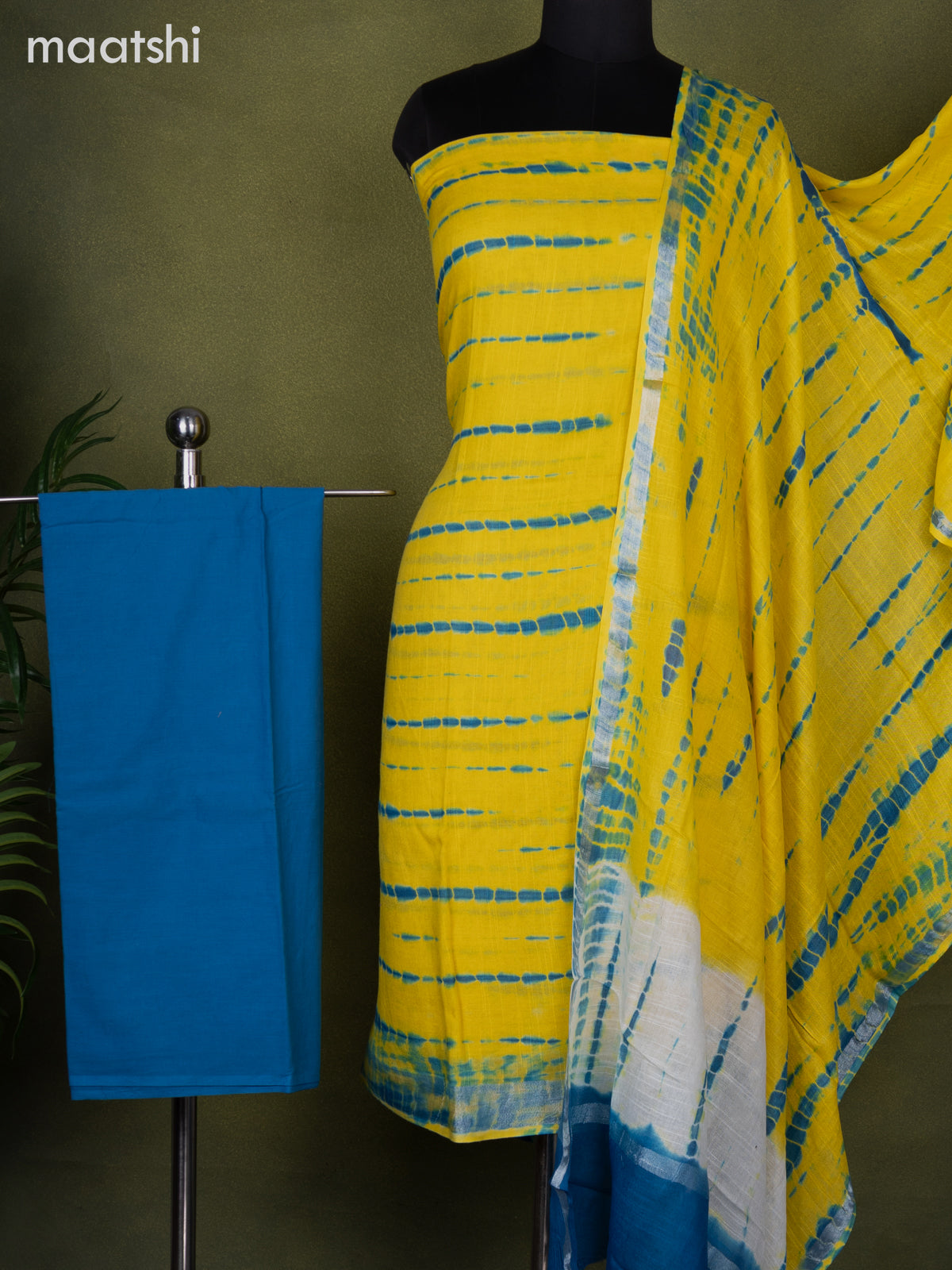 Linen cotton dress material yellow and cs blue with allover tie & dye prints and bottom & dupatta