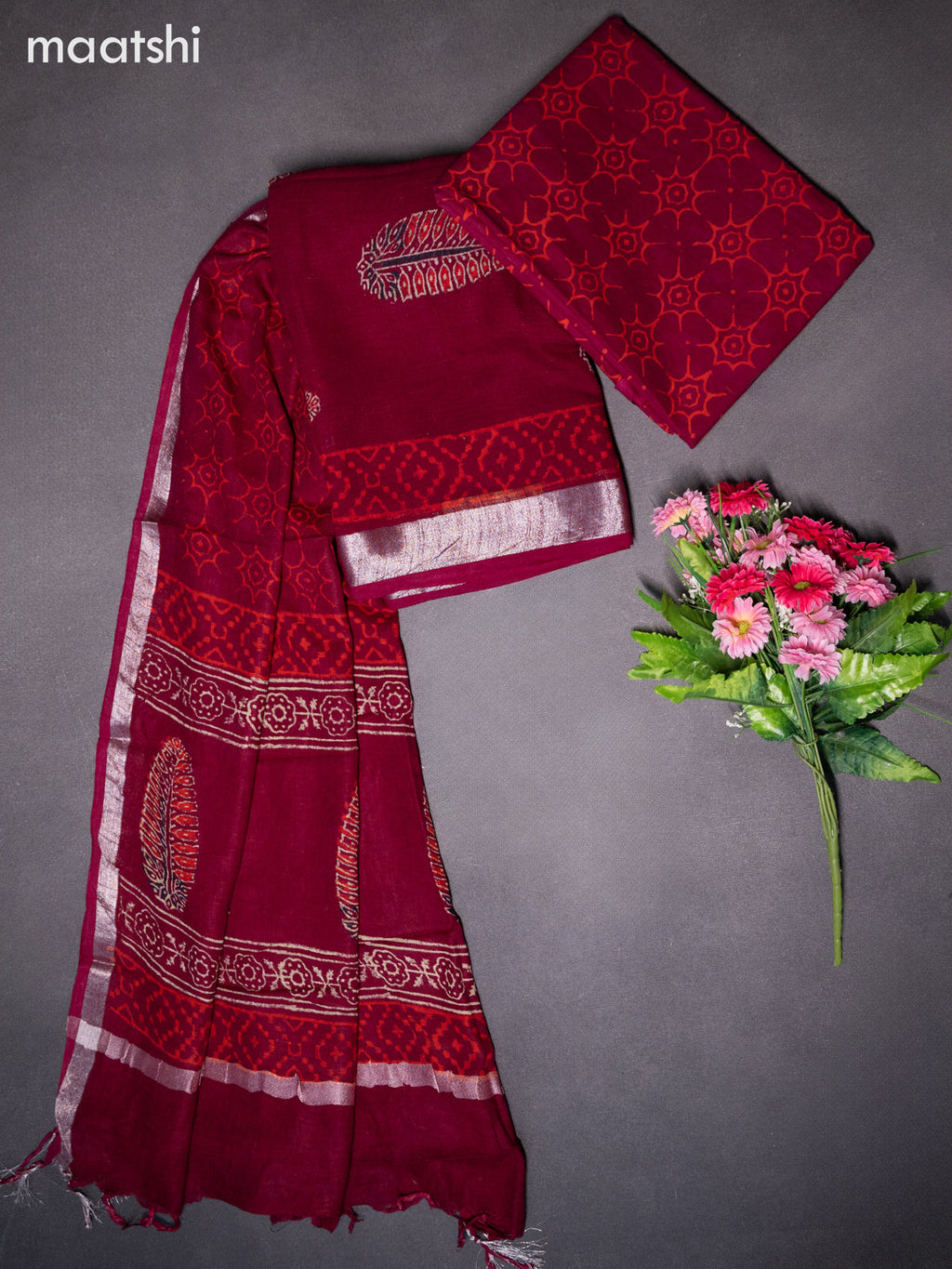 Linen cotton dress material maroon with butta prints and bottom & dupatta