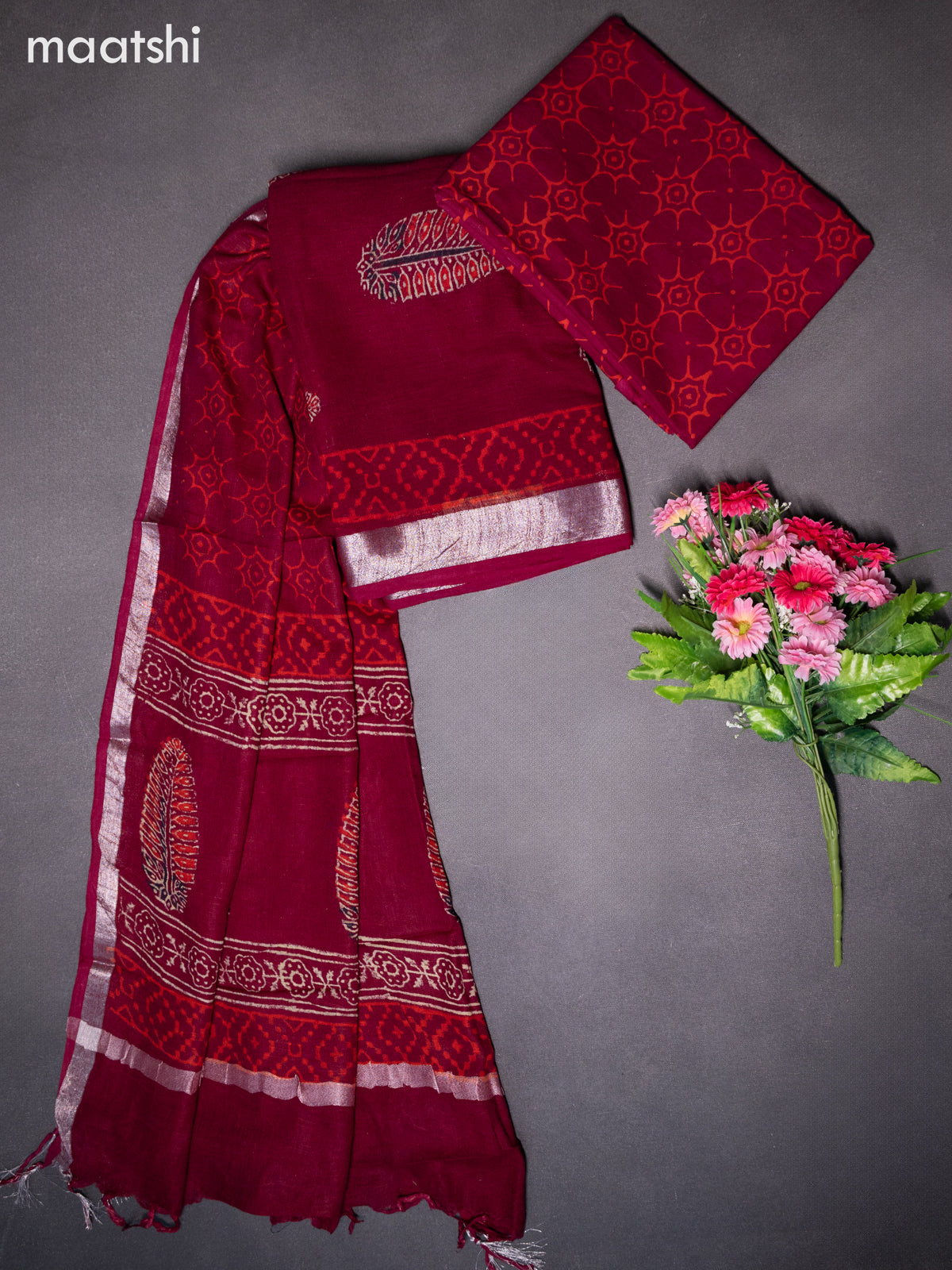 Linen cotton dress material maroon with butta prints and bottom & dupatta