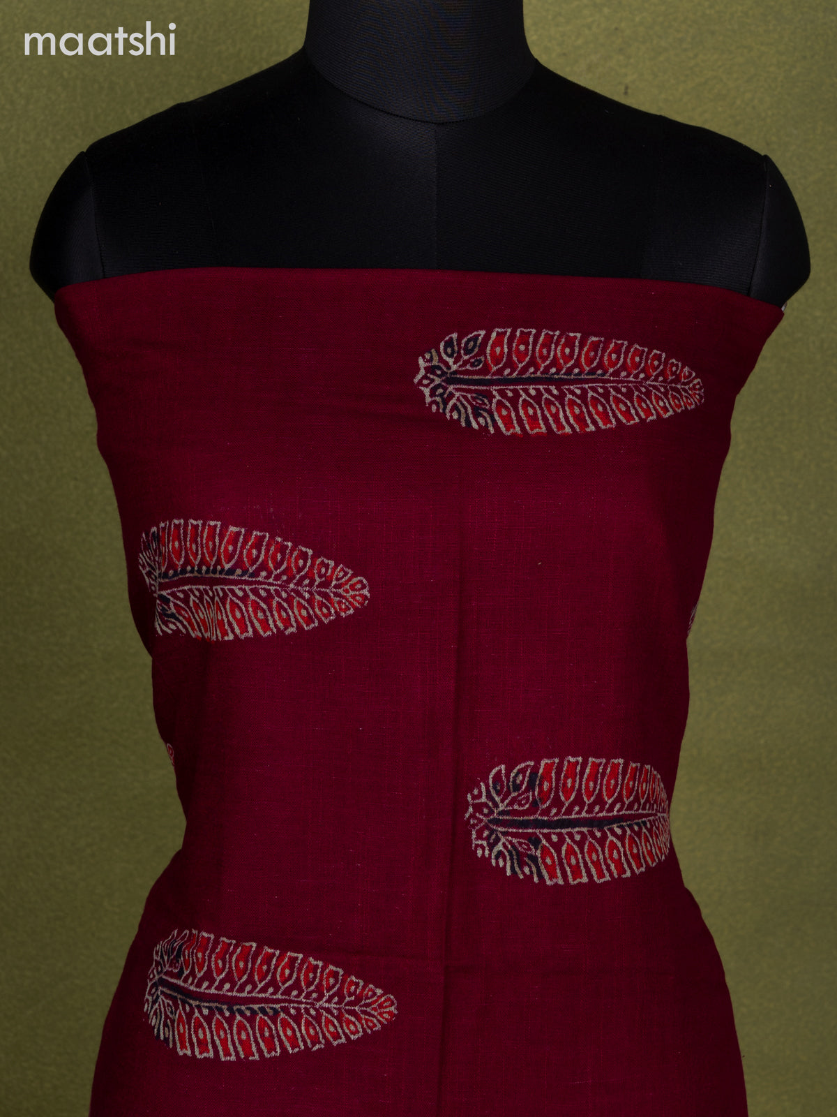 Linen cotton dress material maroon with butta prints and bottom & dupatta
