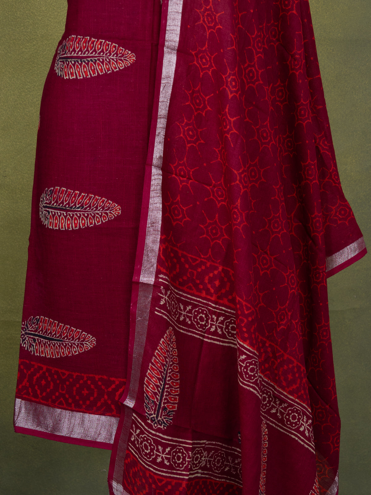 Linen cotton dress material maroon with butta prints and bottom & dupatta