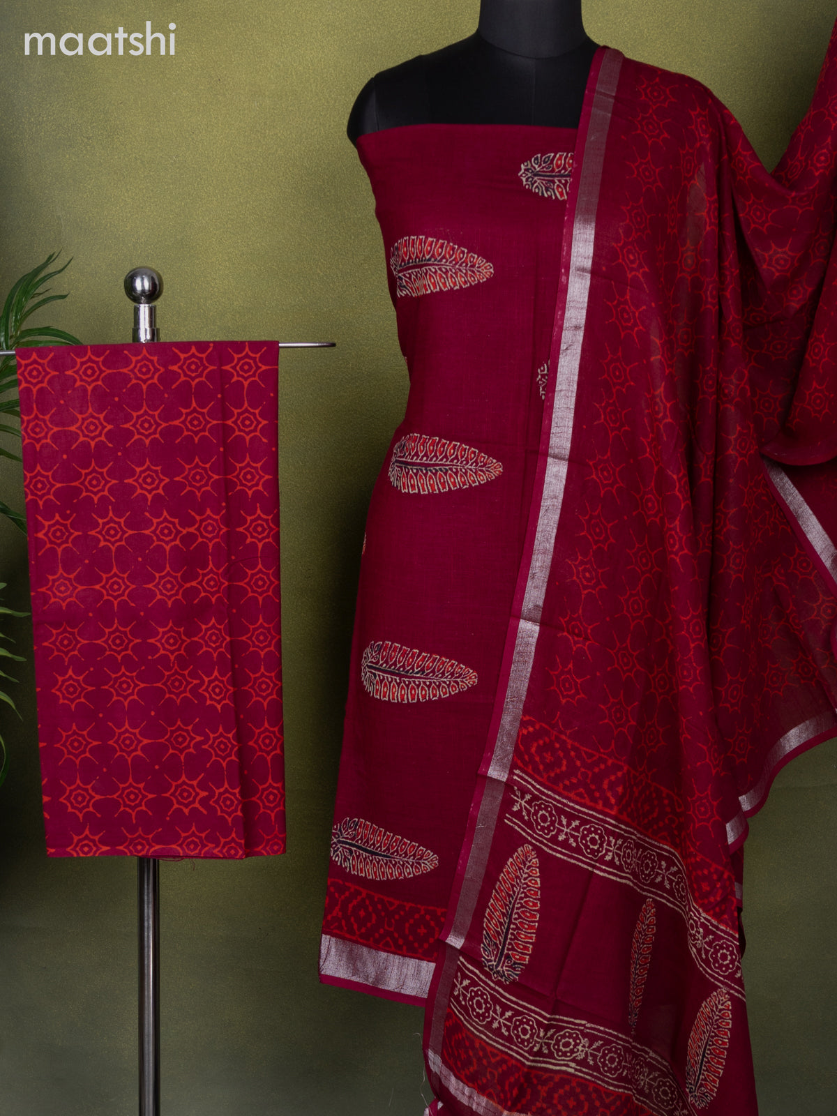 Linen cotton dress material maroon with butta prints and bottom & dupatta