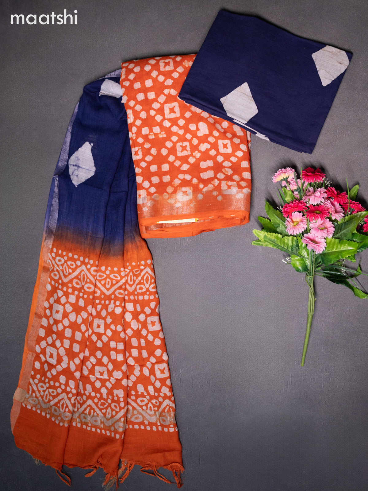 Linen cotton dress material oarnge and navy blue with allover batik prints and bottom & dupatta