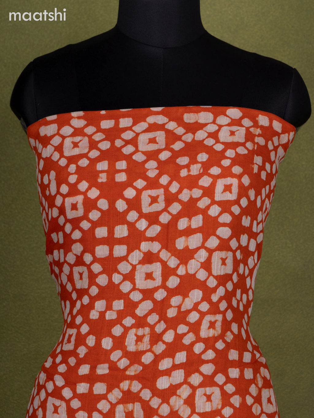 Linen cotton dress material oarnge and navy blue with allover batik prints and bottom & dupatta