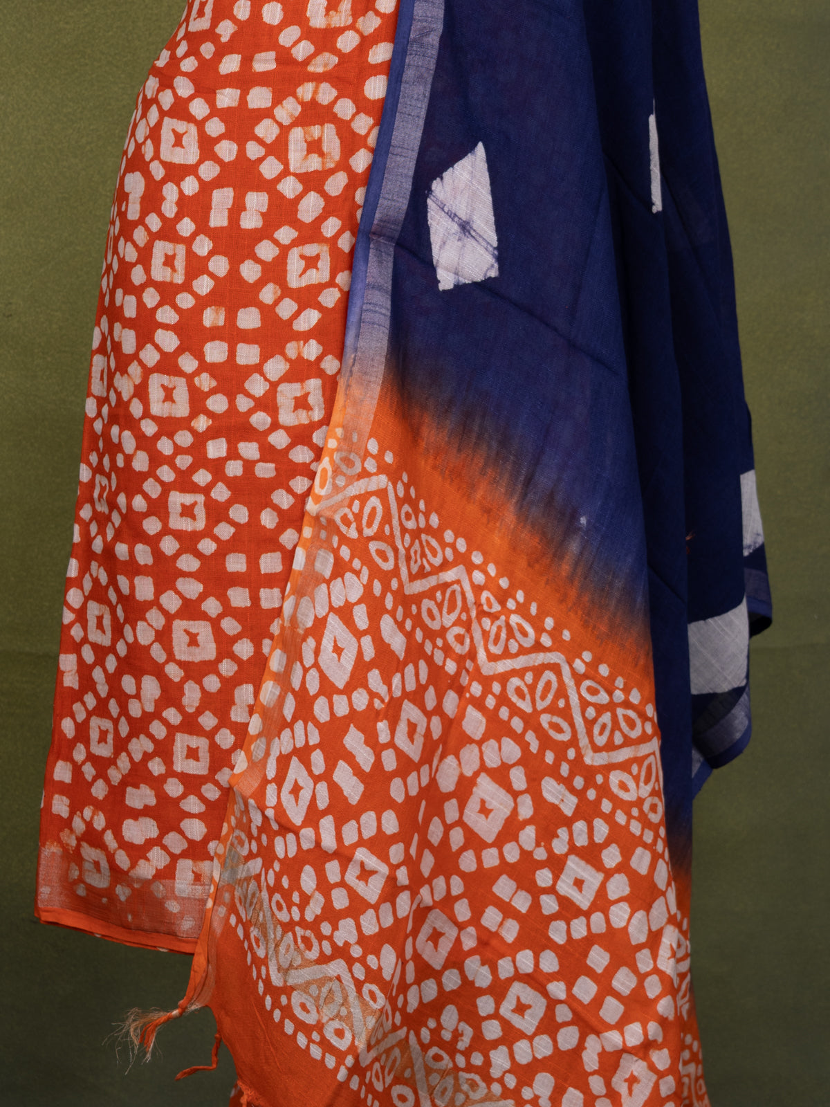 Linen cotton dress material oarnge and navy blue with allover batik prints and bottom & dupatta