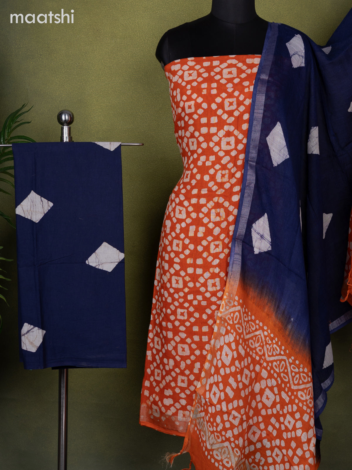 Linen cotton dress material oarnge and navy blue with allover batik prints and bottom & dupatta