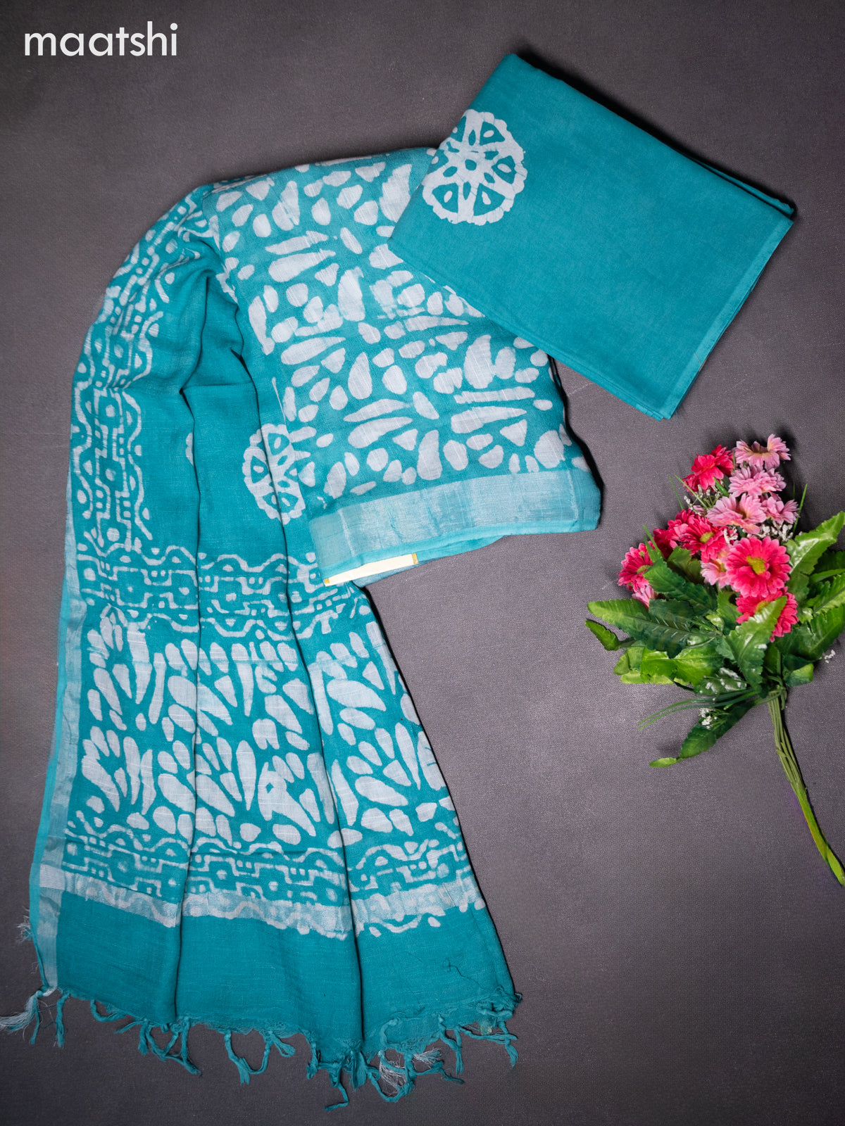 Linen cotton dress material teal blue and off white with allover batik prints and bottom & dupatta