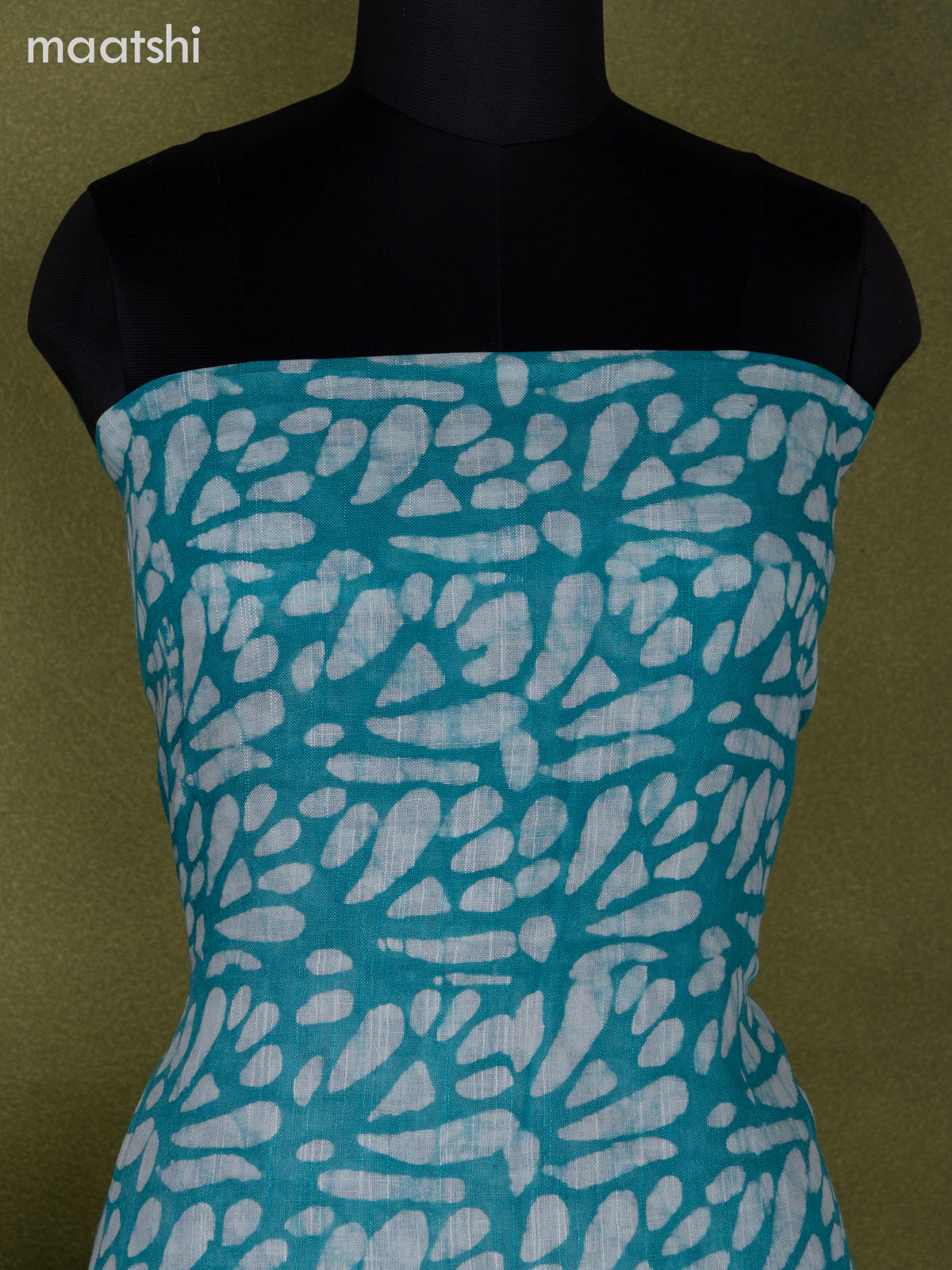 Linen cotton dress material teal blue and off white with allover batik prints and bottom & dupatta