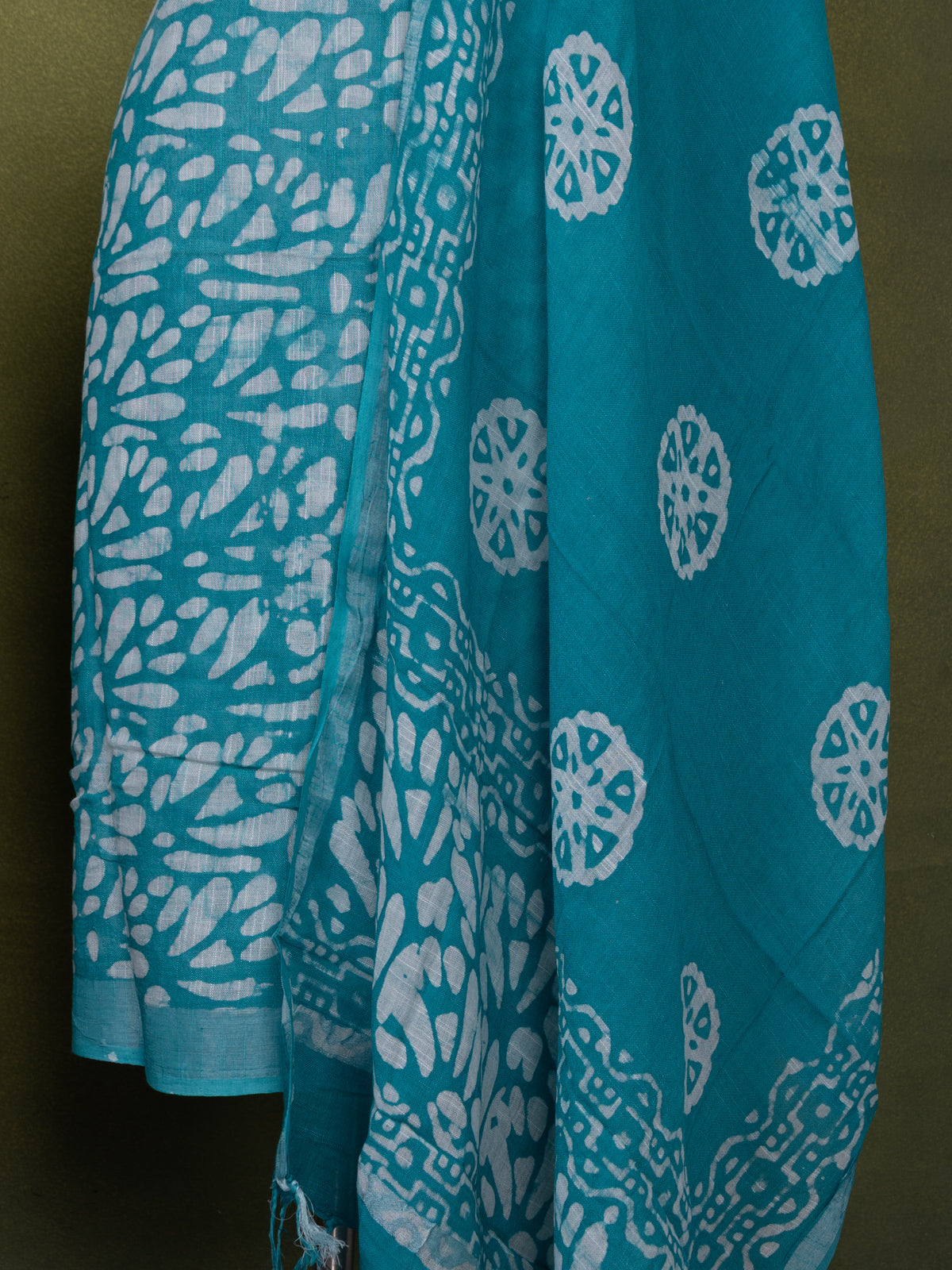 Linen cotton dress material teal blue and off white with allover batik prints and bottom & dupatta